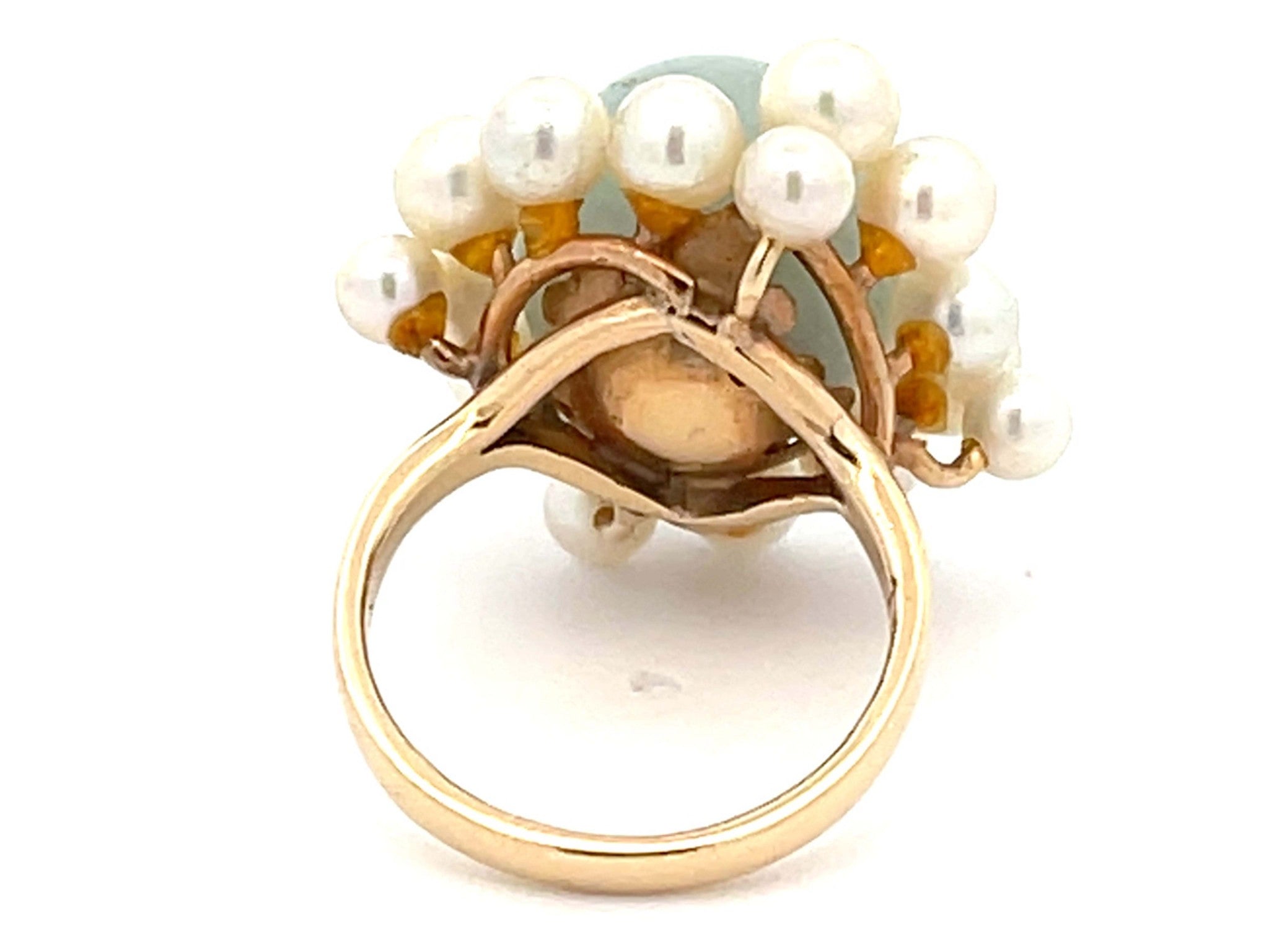 Mings Round Pale Green Jade with Pearl Halo Ring in 14k Yellow Gold