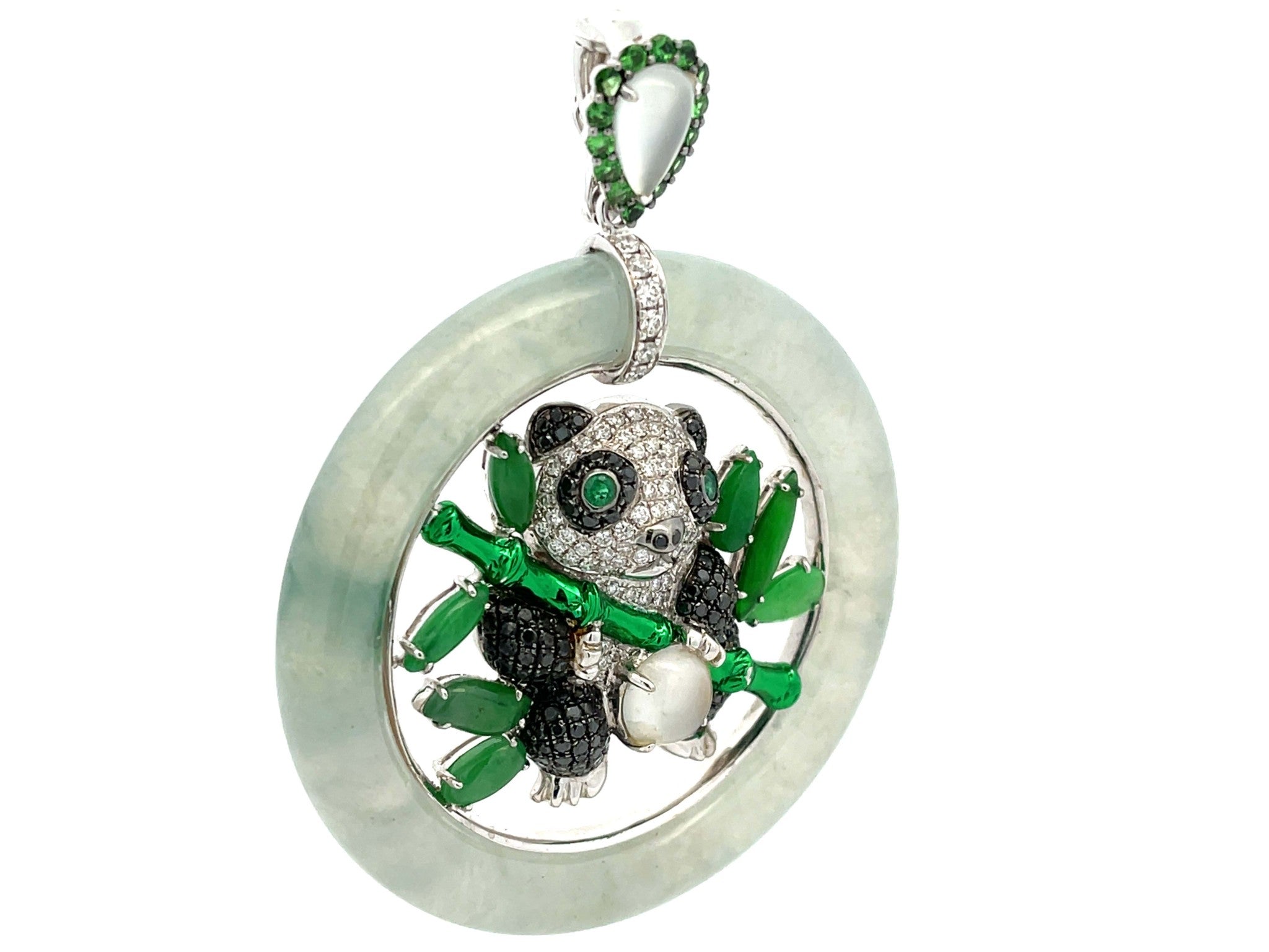 Unique Large Round Jade, Diamond, Emerald & Moonstone Panda Pendant in 18K Gold