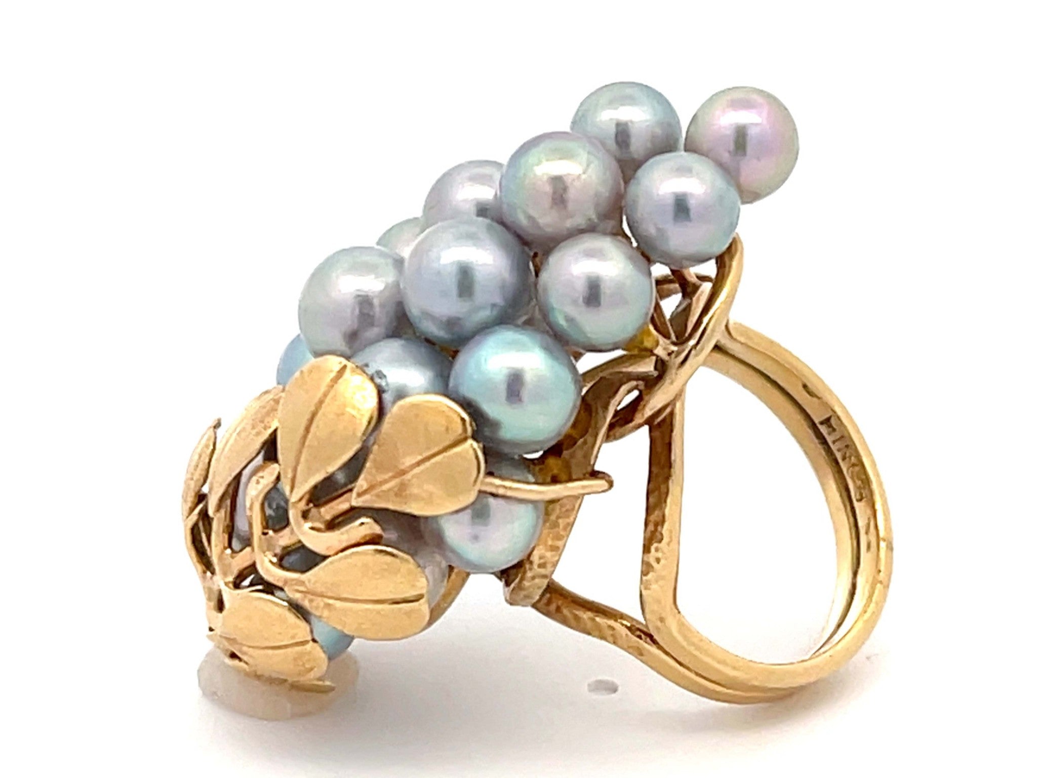 Mings Large Silver Pearl and Leaf Ring in 14k Yellow Gold