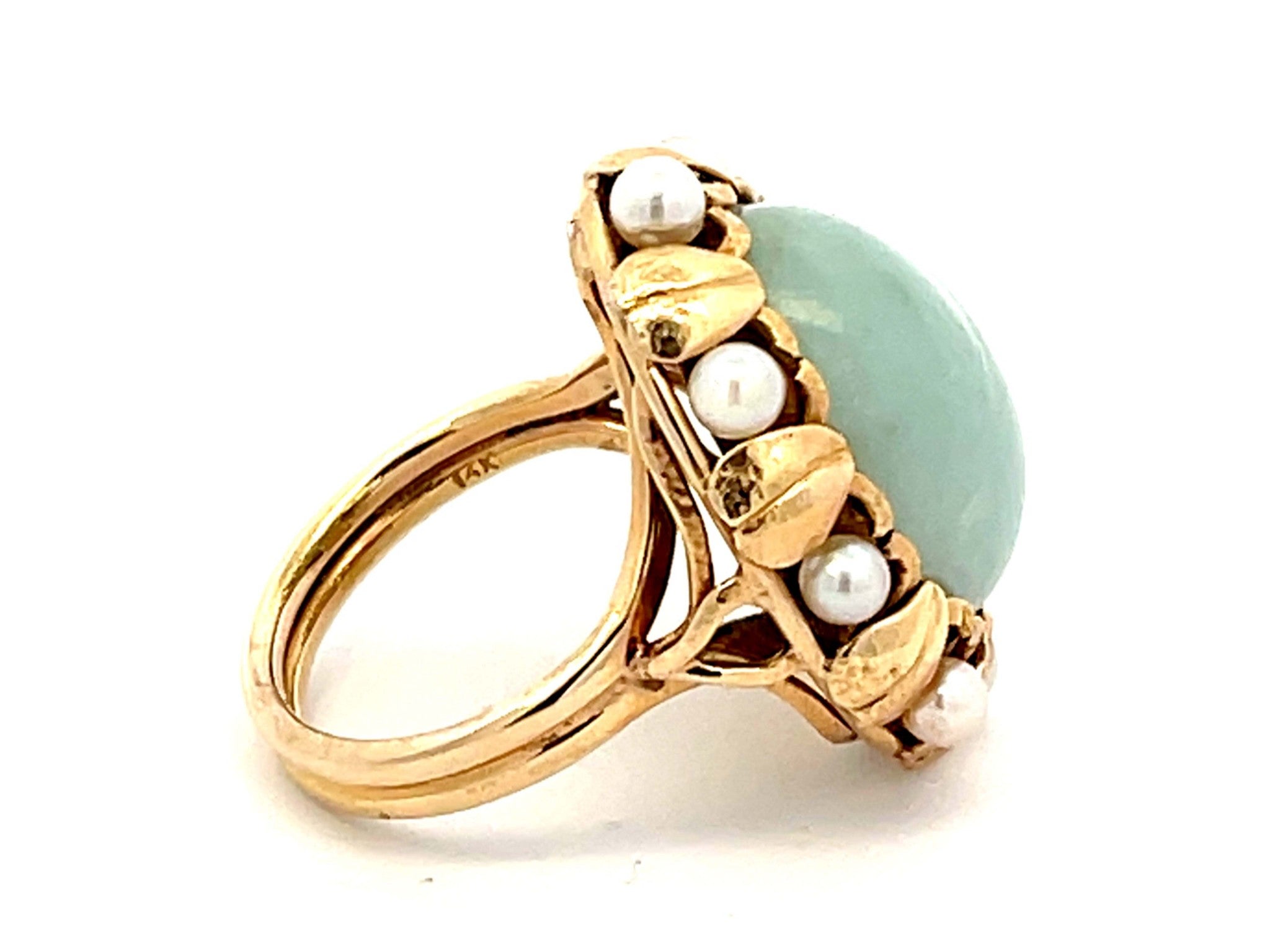 Mings Oval Jade and Pearl Halo Leaf Ring in 14k Yellow Gold