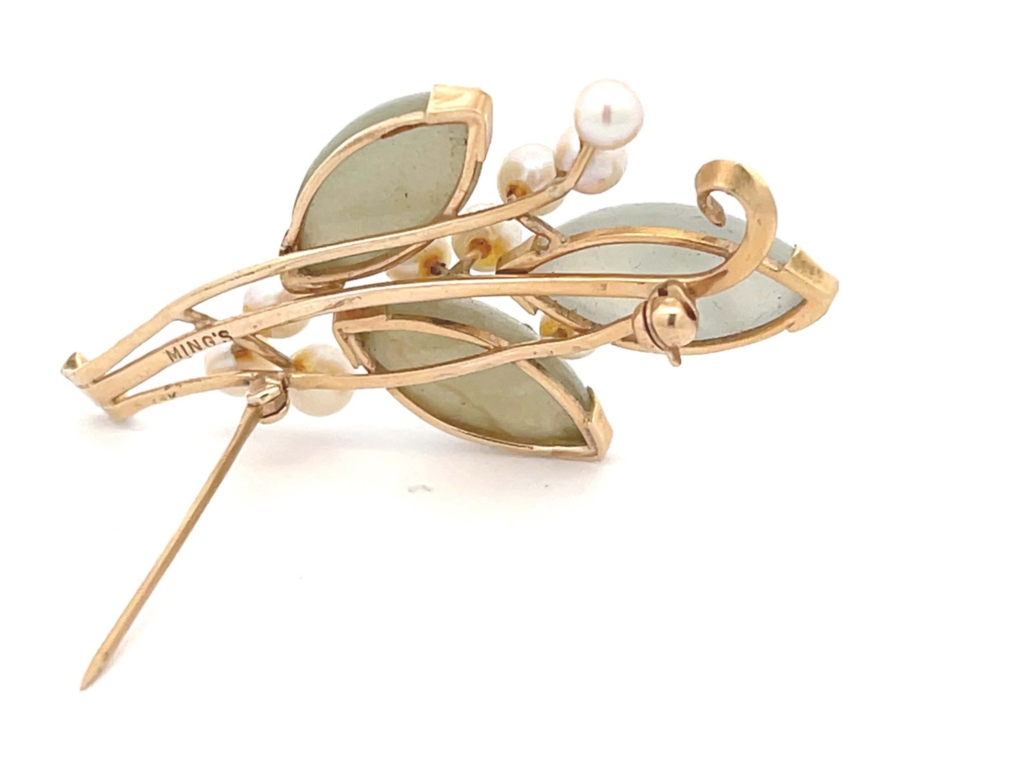 Mings Gold Branch Brooch with Jade and Pearls in 14k Yellow Gold