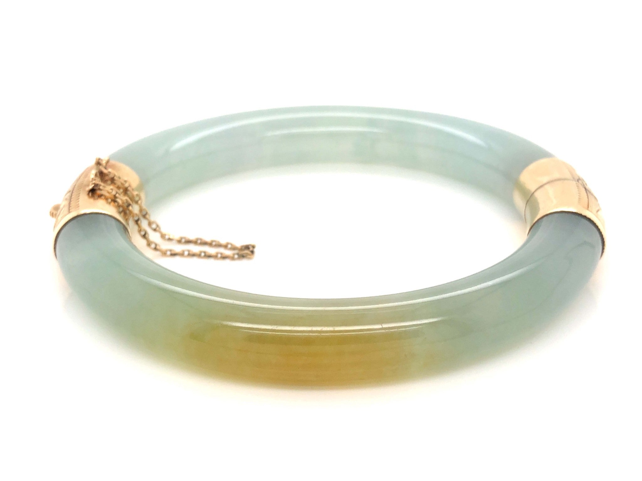 14K Gold Bracelet, Pale Green & Brown Jade Hinged Bangle Bracelet