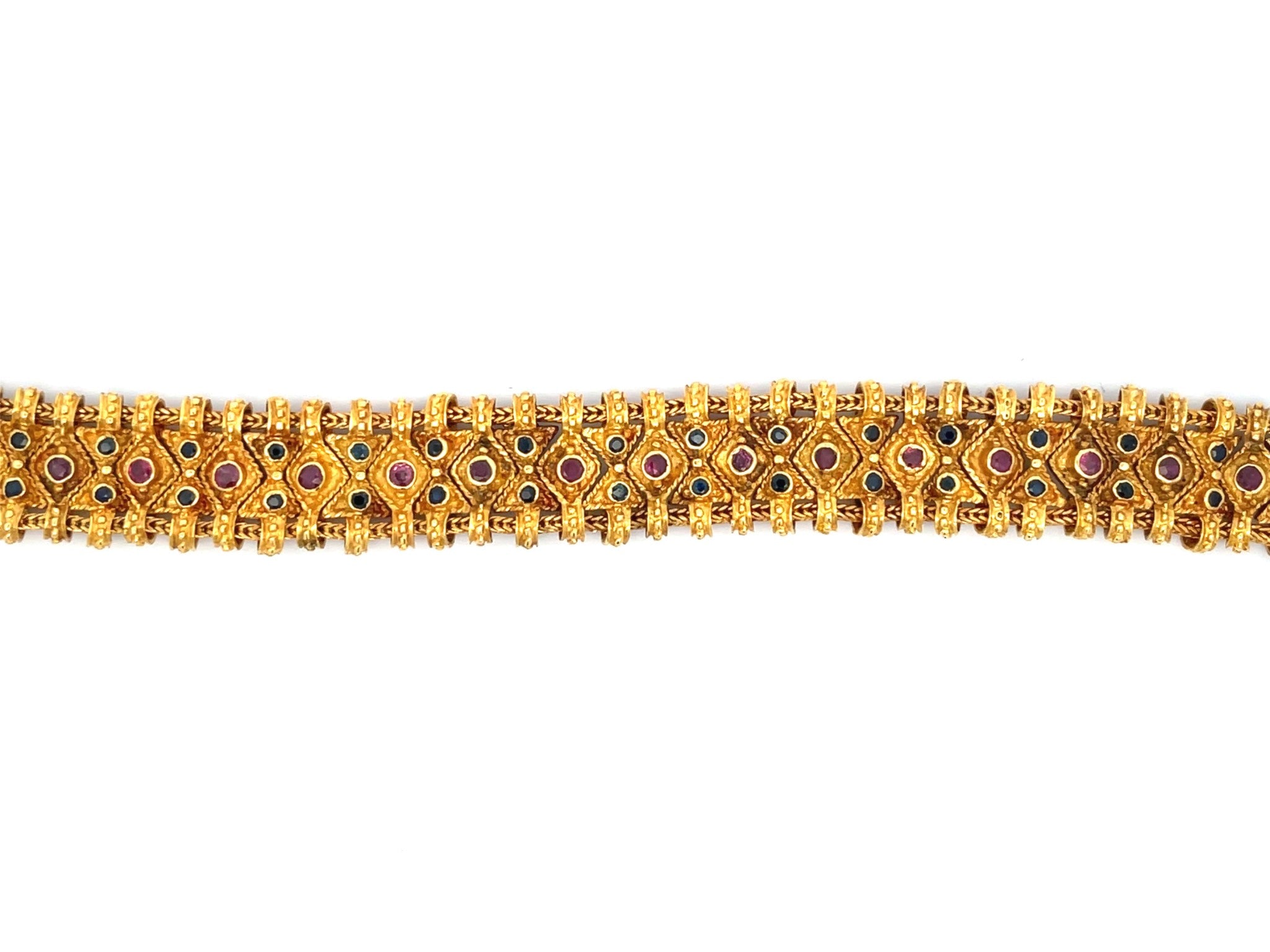 Vintage Egyptian Ruby Sapphire Wide Quilted Link Bracelet in 18k Yellow Gold
