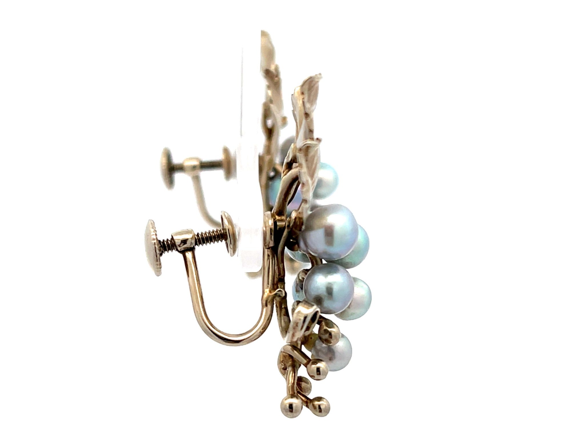 Mings Silver Pearl and Leaf Earrings in 14K White Gold