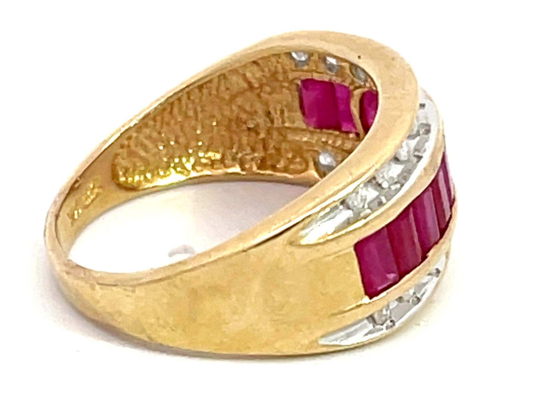Baguette Ruby and Diamond Border Triple Row Wide Band Ring in 14k Yellow Gold