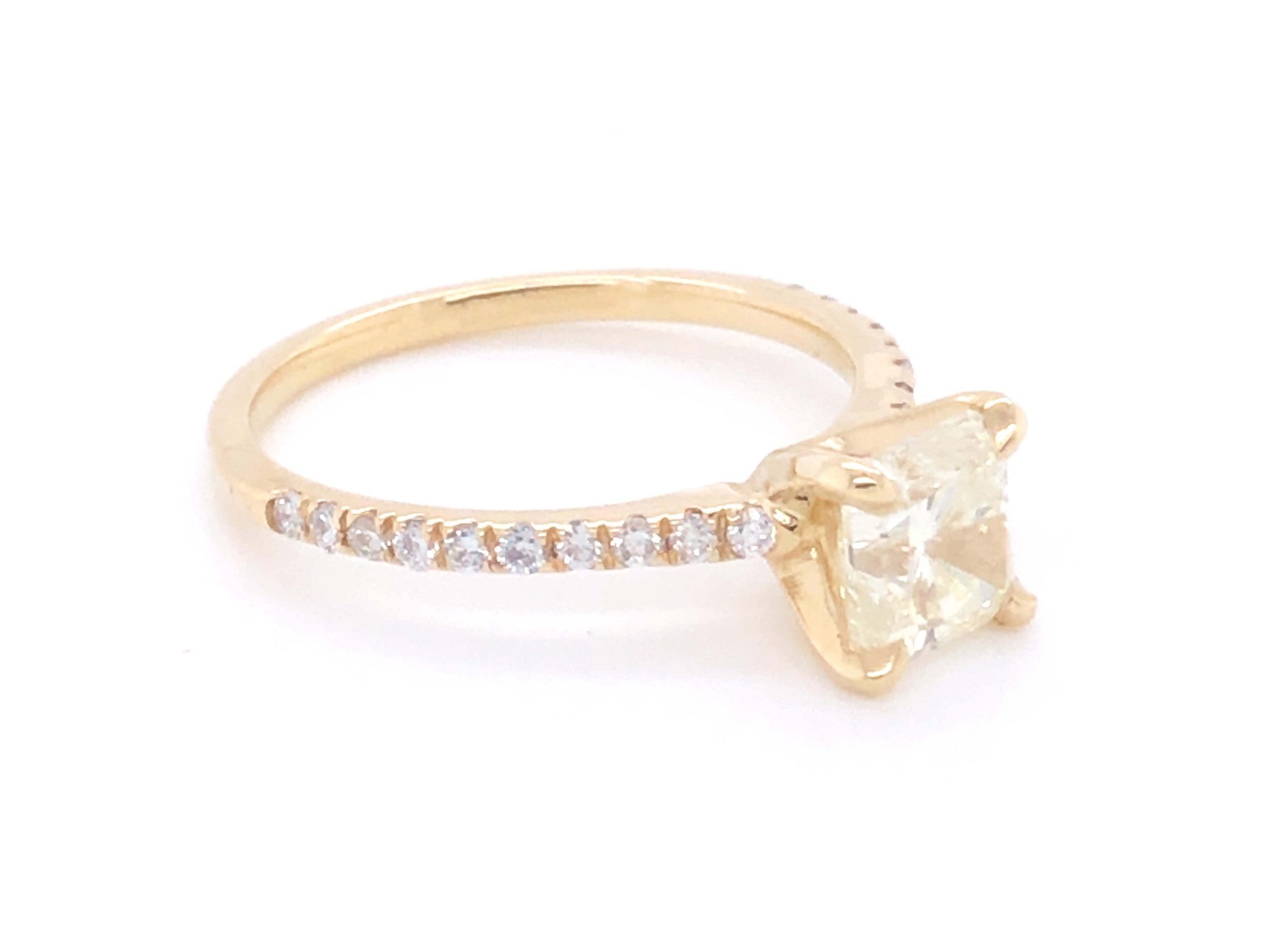 Radiant Cut 1.23 Carat Center Stone Diamond Engagement Ring - 14k Yellow Gold.