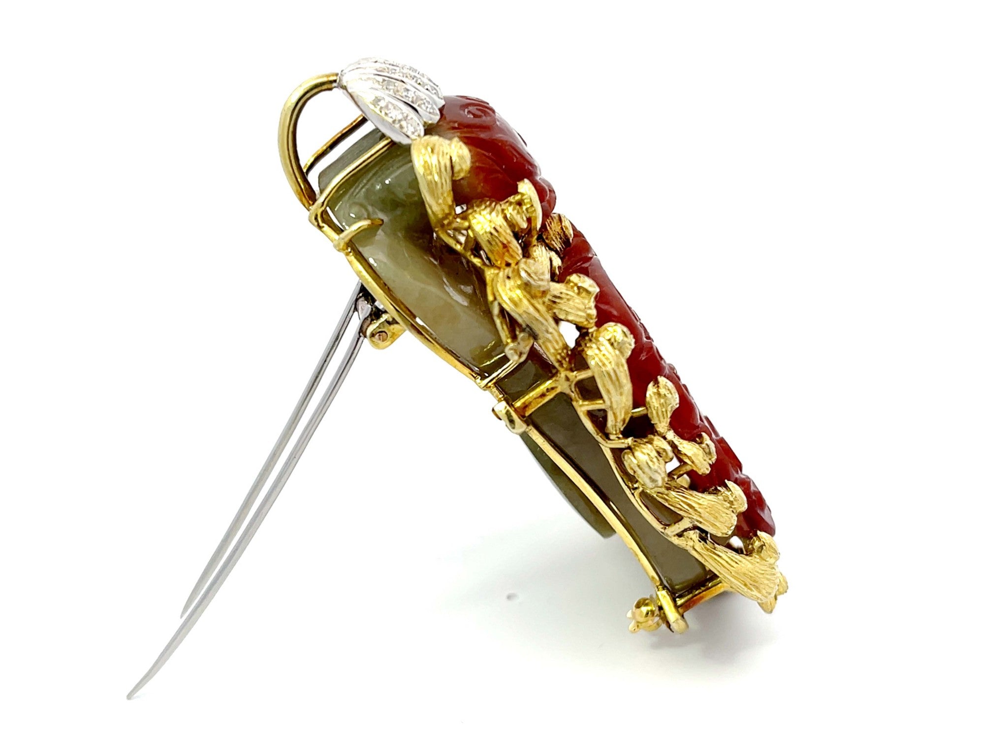 Large Buddha Themed Red Jade and Diamond Brooch/Pendant in 14k Yellow Gold