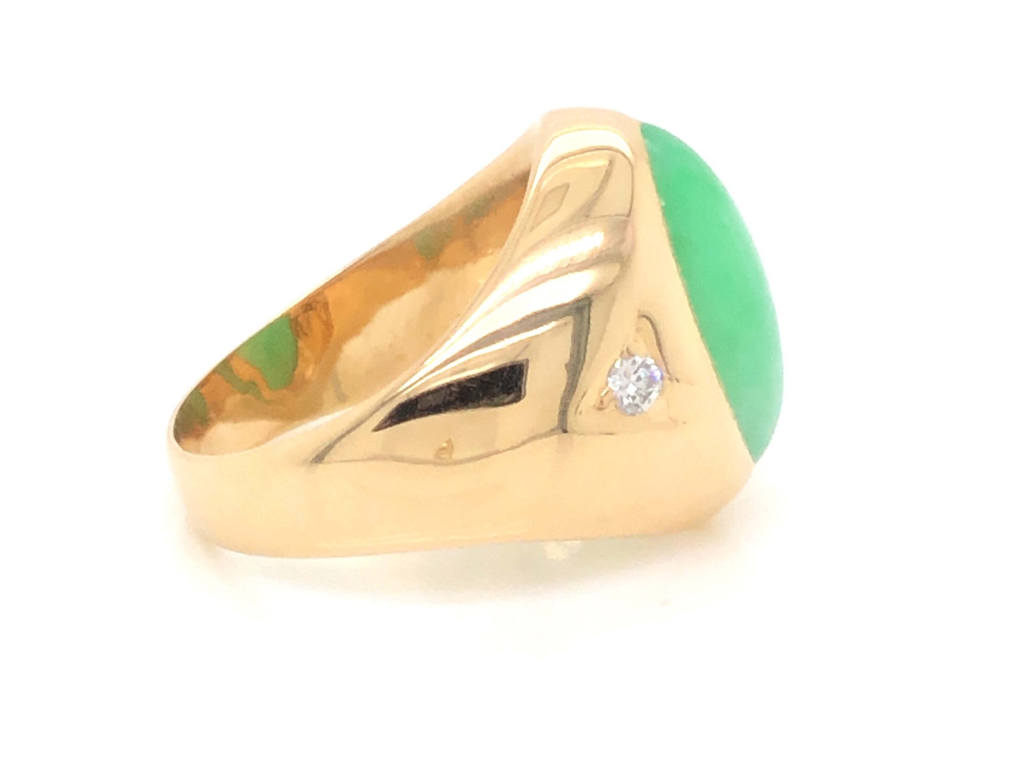 Oval Green Jade and Diamond Ring - 14k Yellow Gold
