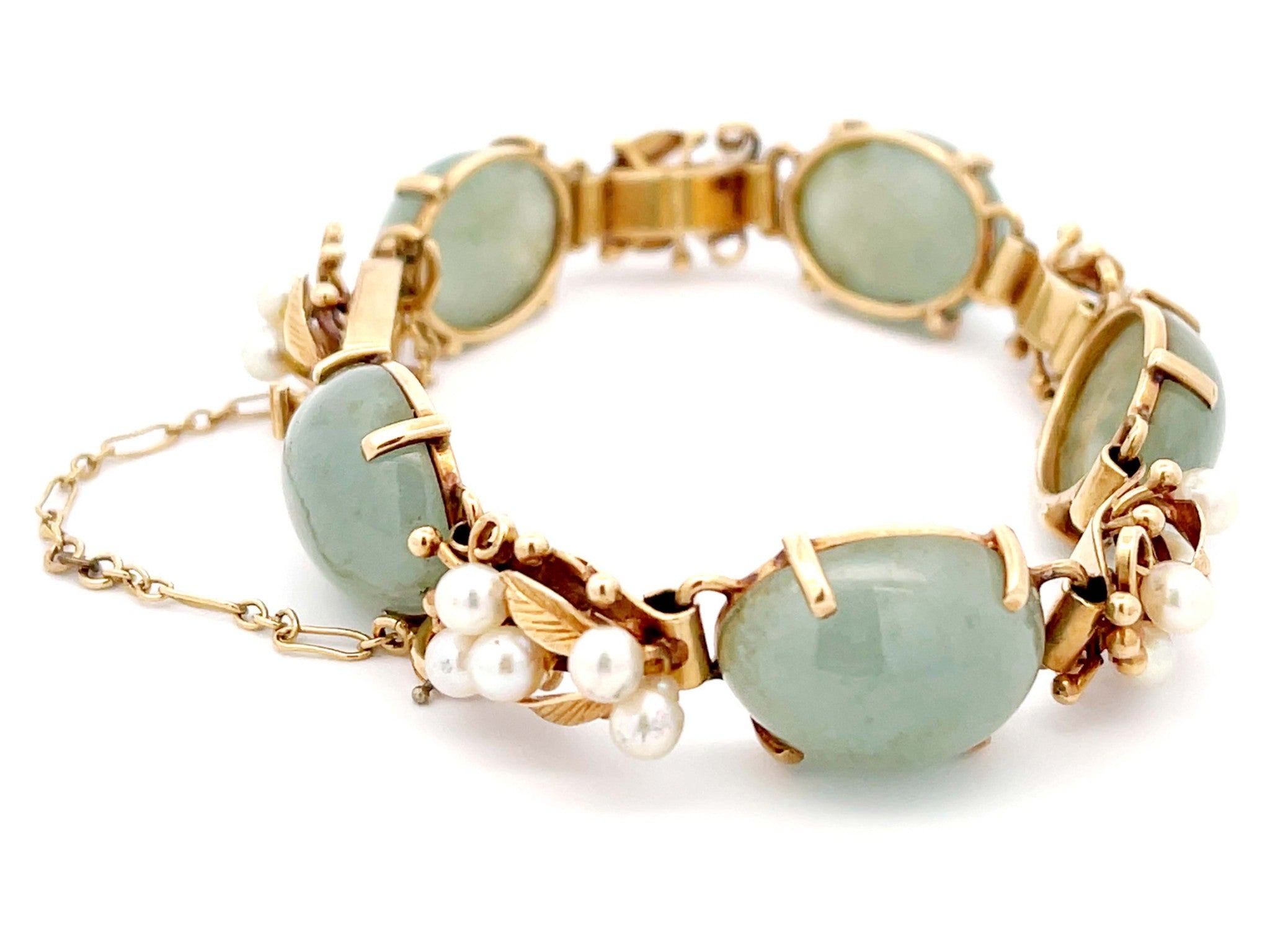 Mings Hawaii Jade and Pearl Leaf Bracelet in 14K Yellow Gold