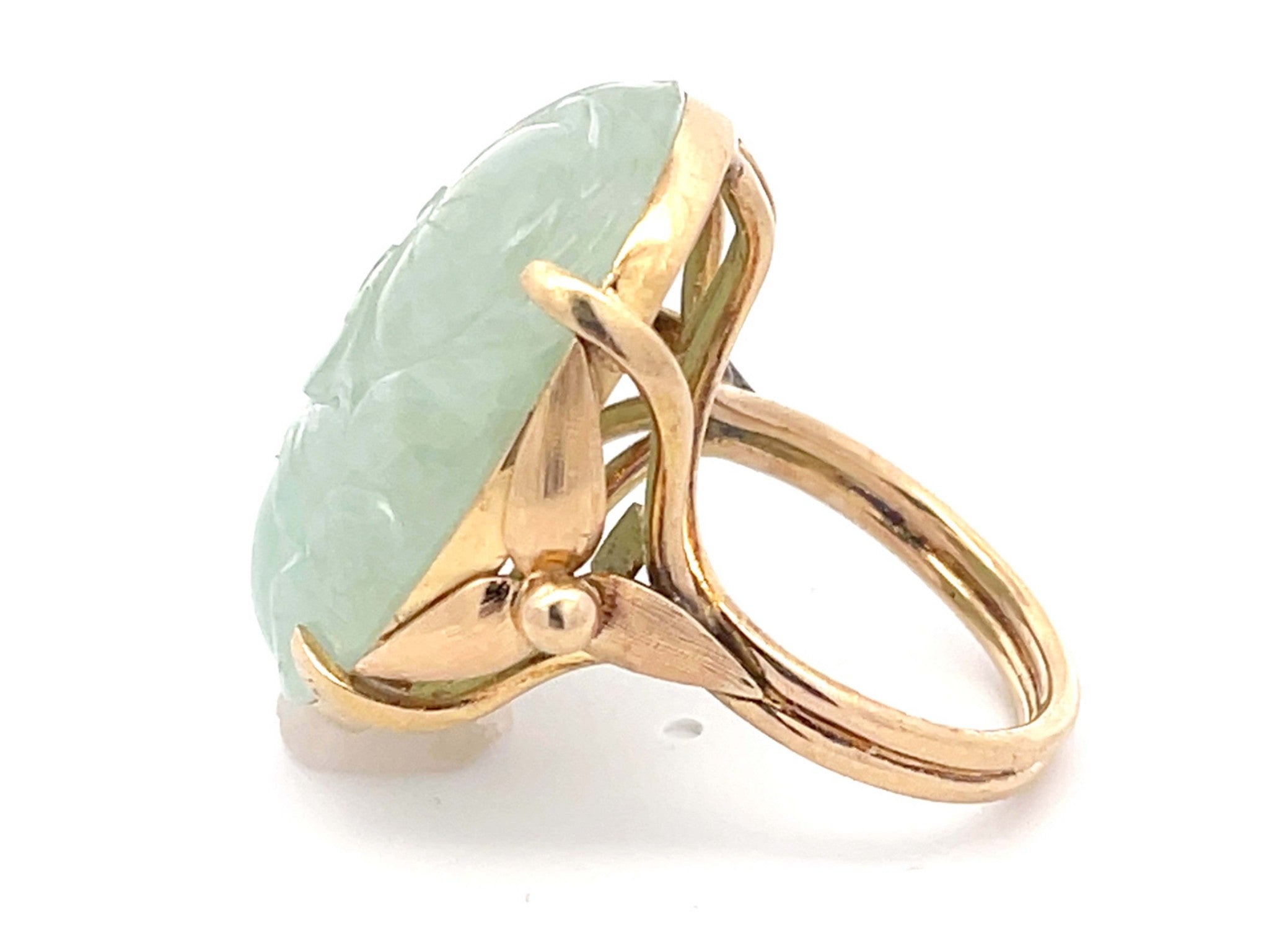 Large Oval Carved Cabochon Pale Green Jade Ring in 14k Yellow Gold