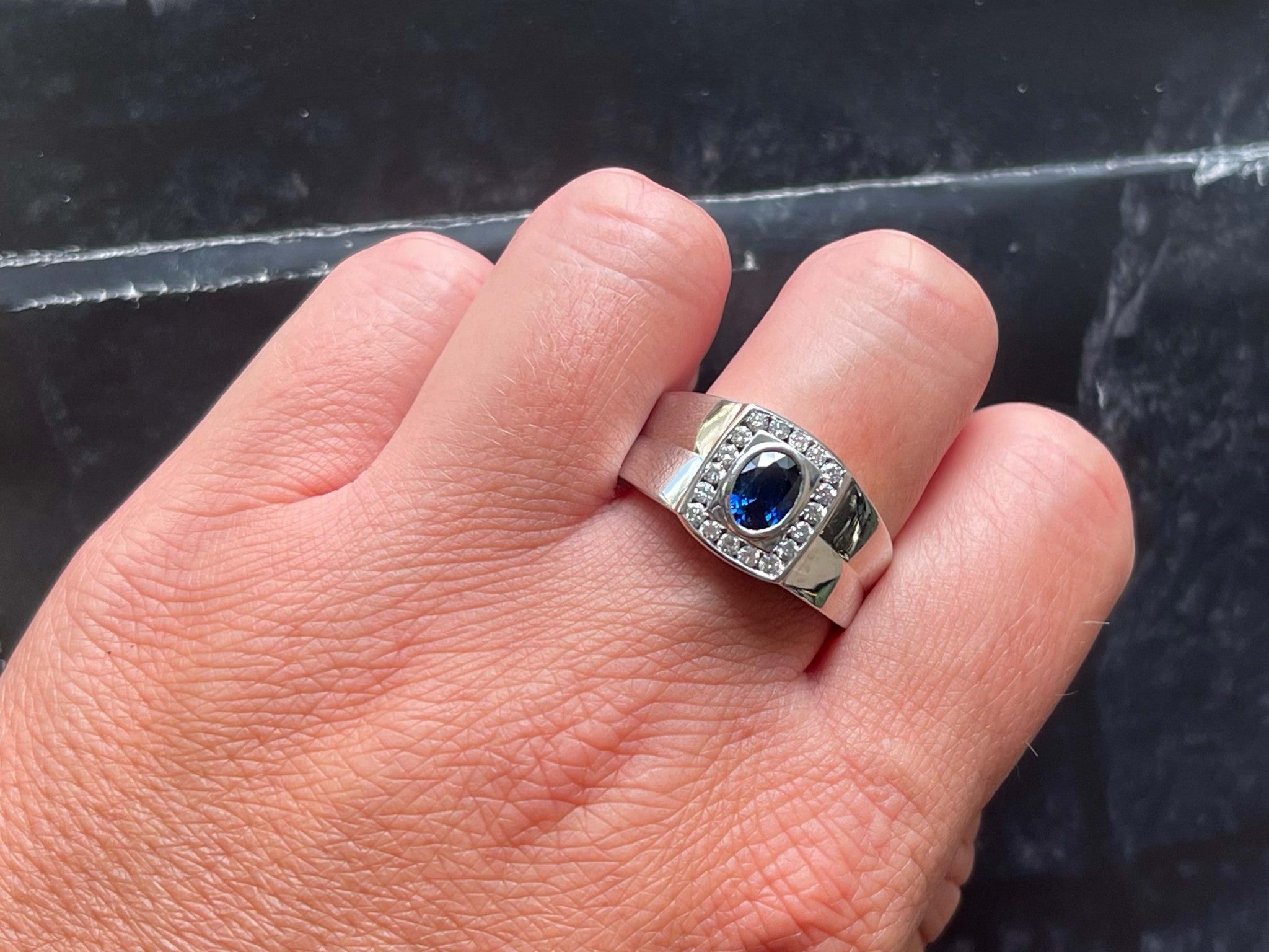 Mens Oval Sapphire Center and Diamond Halo Ring in 14k White Gold