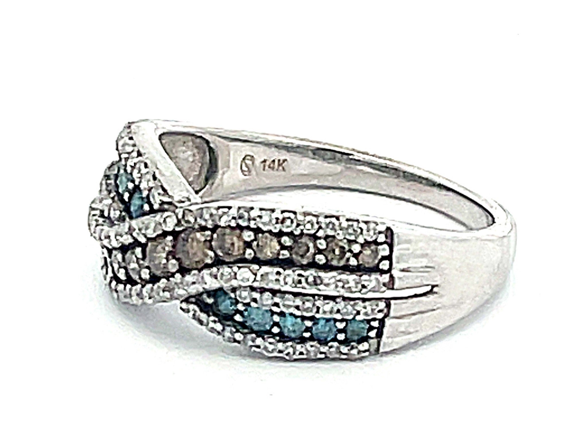 Blue, Chocolate and White Diamond Band Ring in 14k White Gold