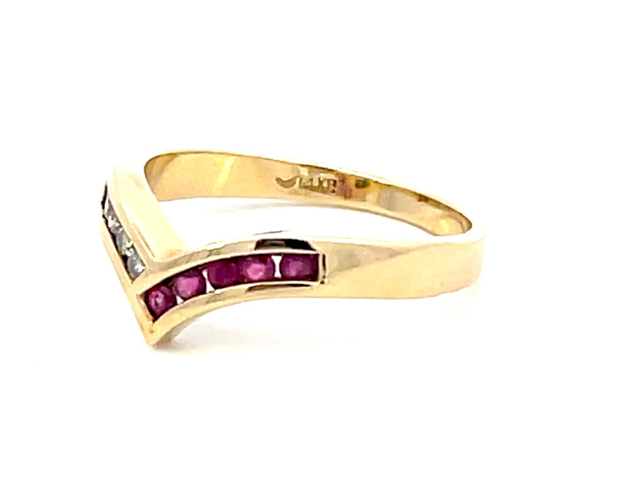 V Shaped Ruby Diamond Band Ring in 14k Yellow Gold