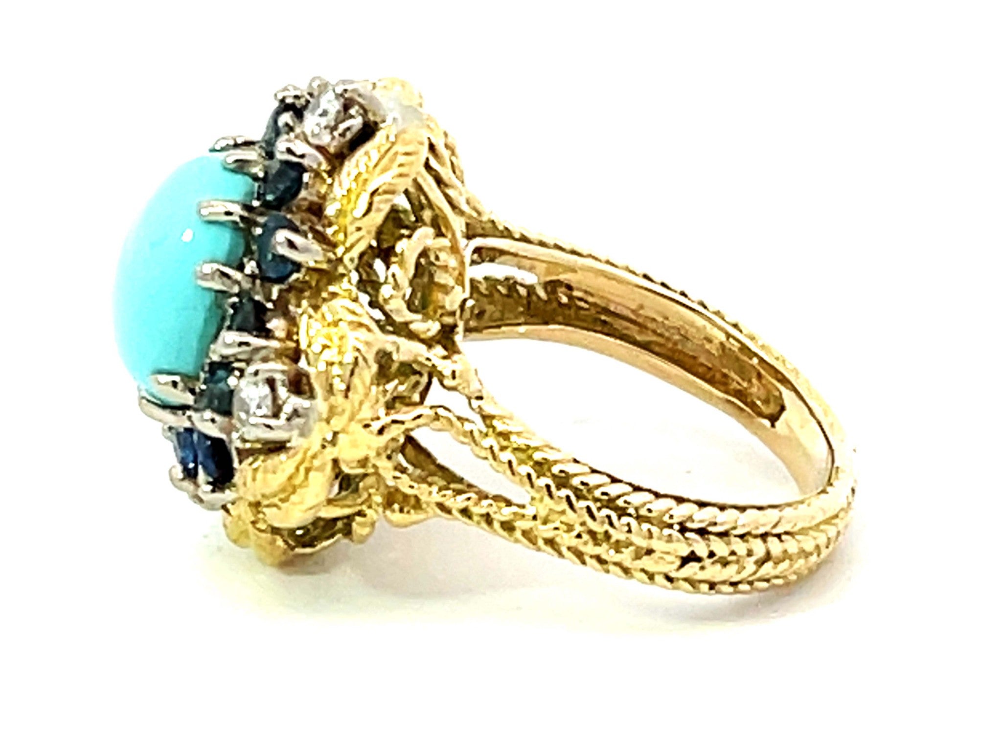 Vintage Turquoise Sapphire and Diamond Ring in 18k Yellow Gold