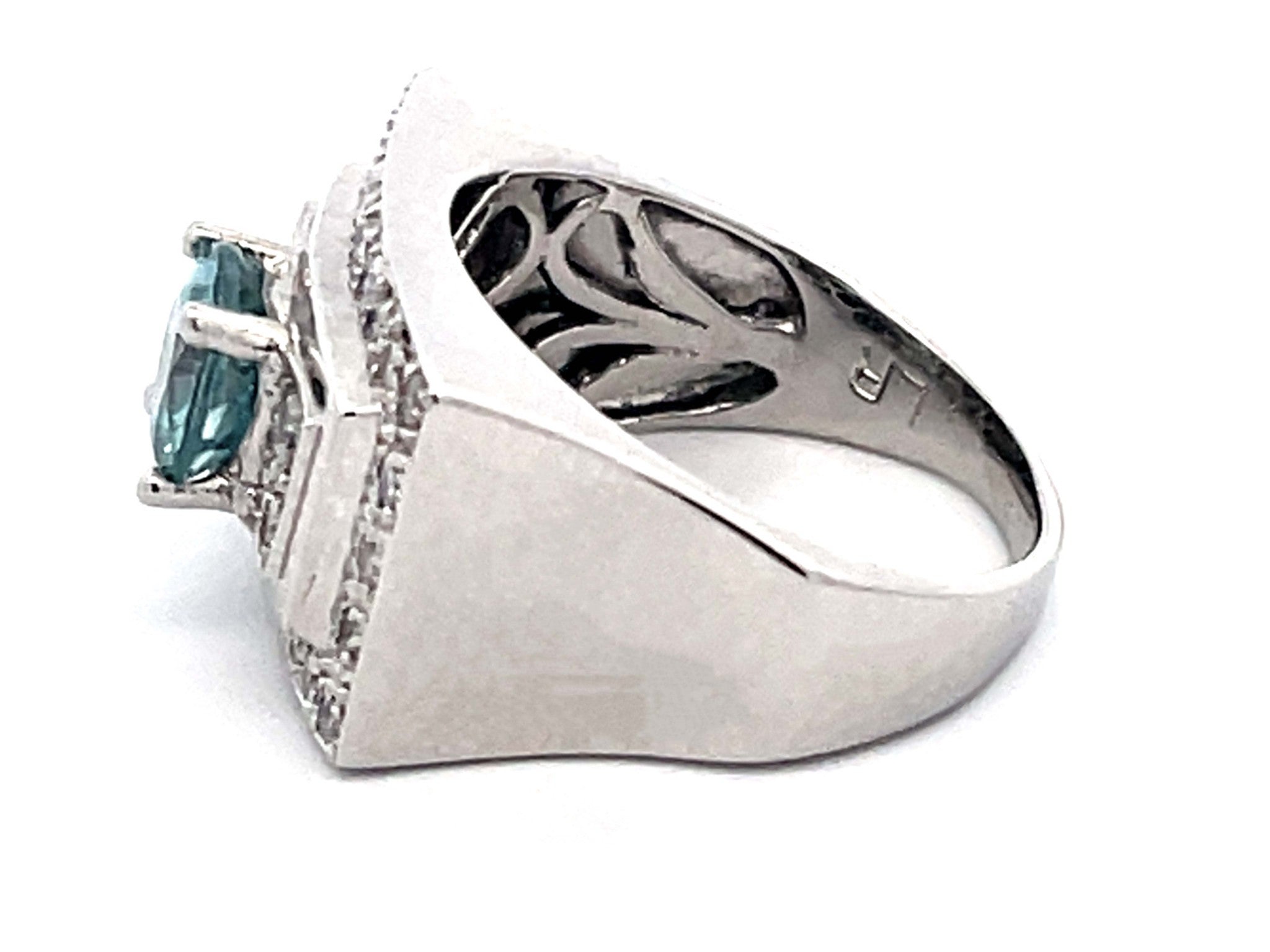 Natural Blue Zircon and Diamond Rectangular Ring in Platinum