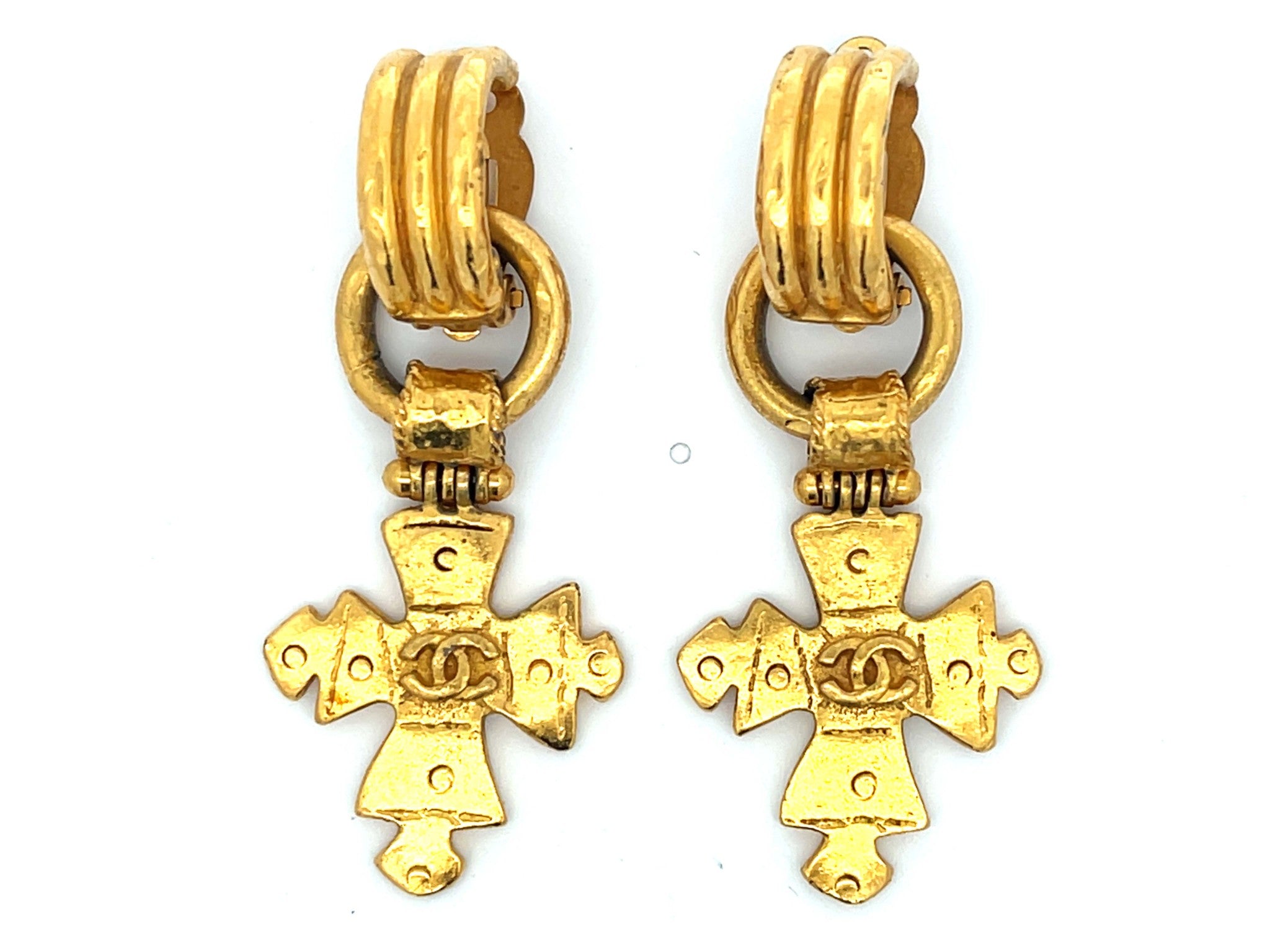 CHANEL Vintage Cross CC Dangly Earrings