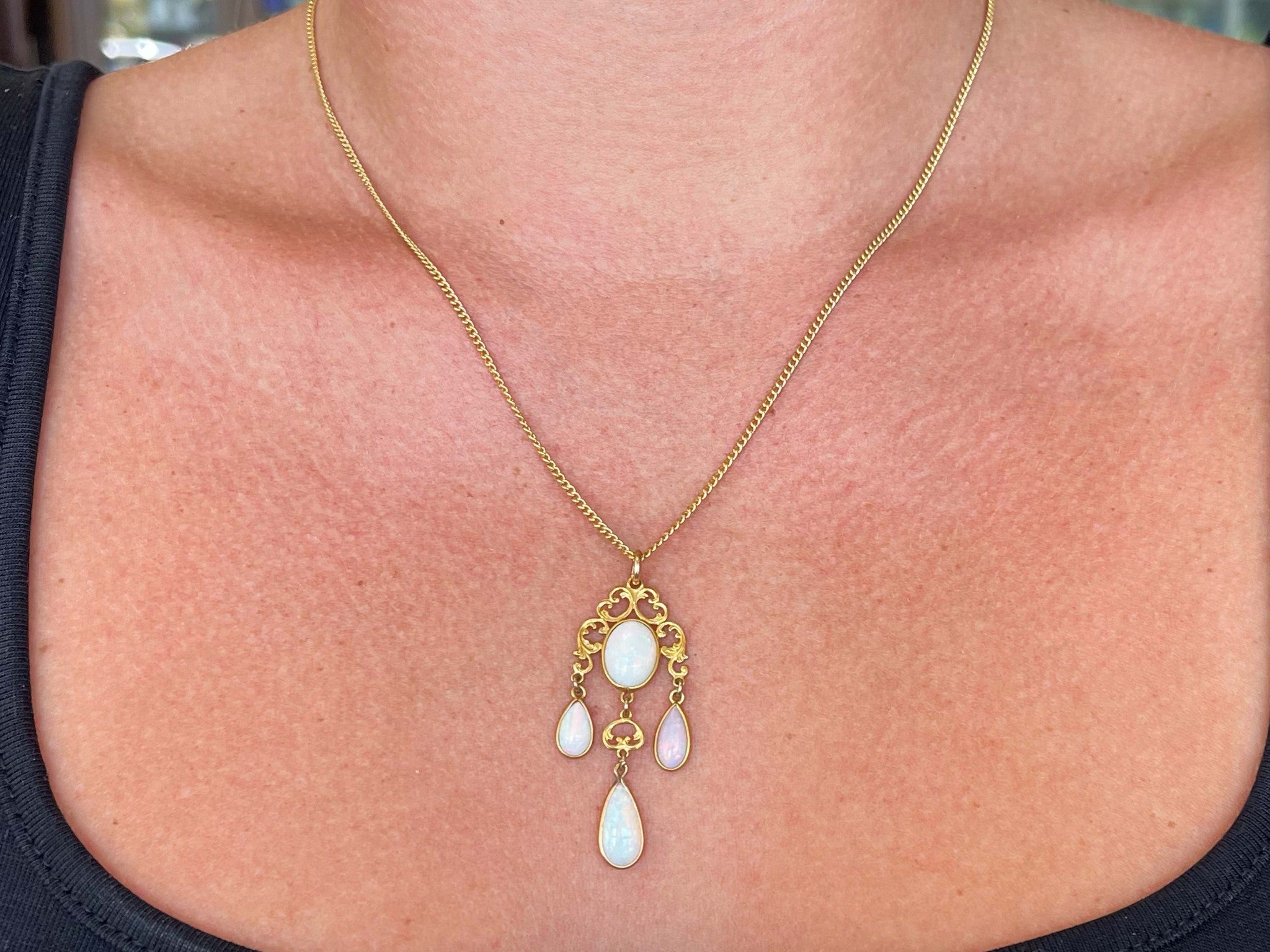 Vintage 4 Opal Drop Pendant Necklace 14k Yellow Gold