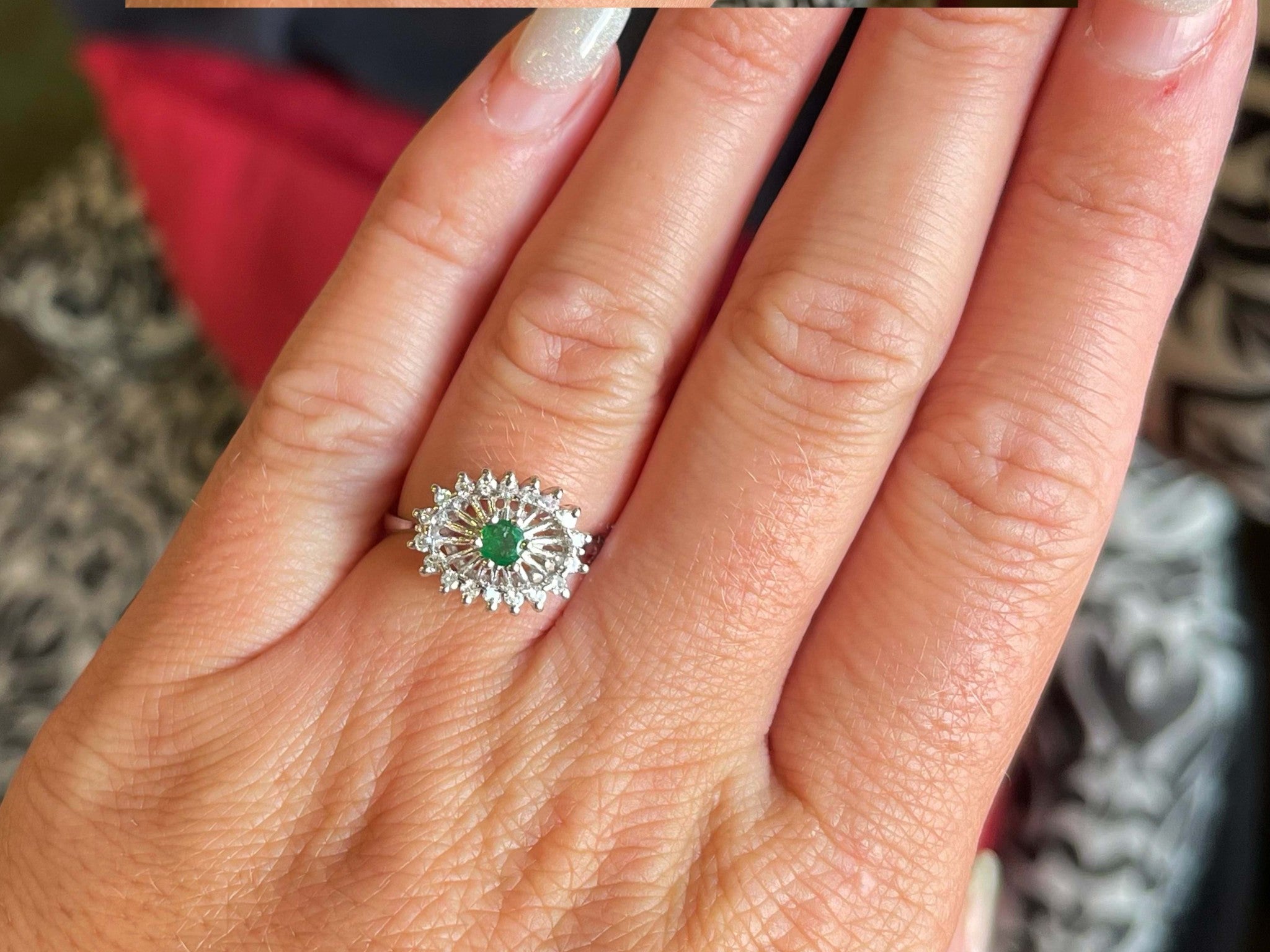 Green Emerald and Diamond Halo Ring in 14k White Gold