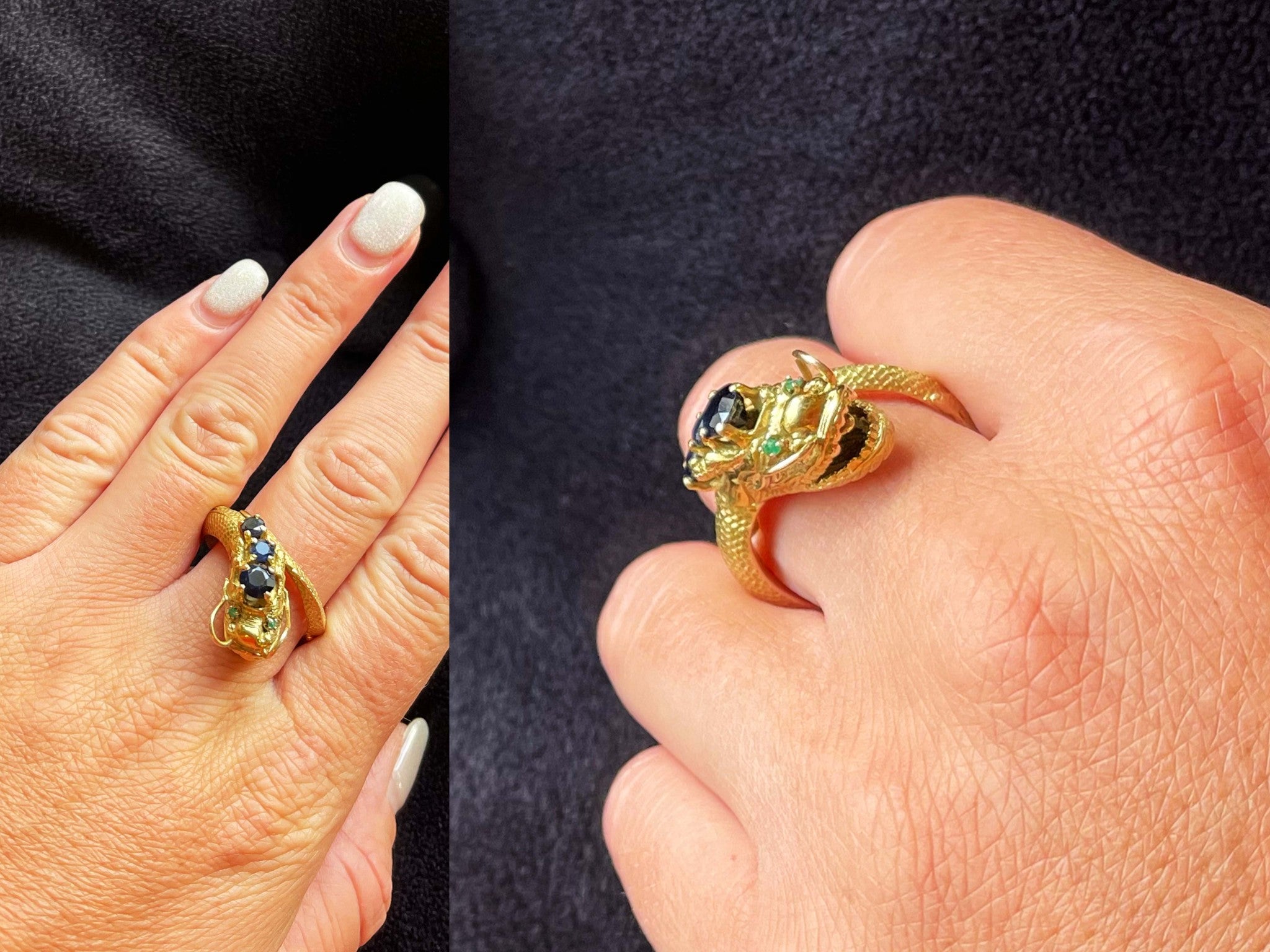 Chinese Dragon Wraparound Ring with Sapphires & Emerald Eyes in 14k Yellow Gold