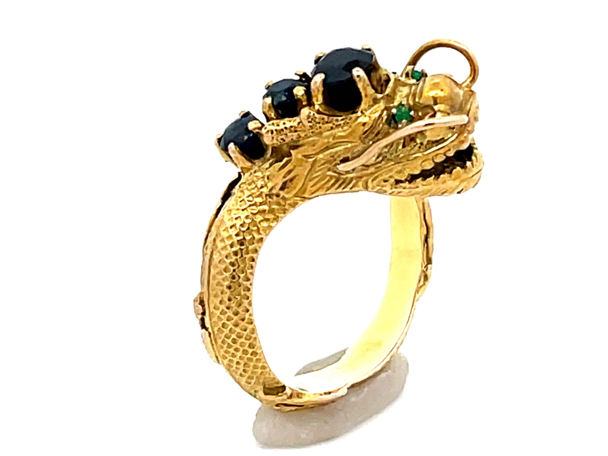 Chinese Dragon Wraparound Ring with Sapphires & Emerald Eyes in 14k Yellow Gold