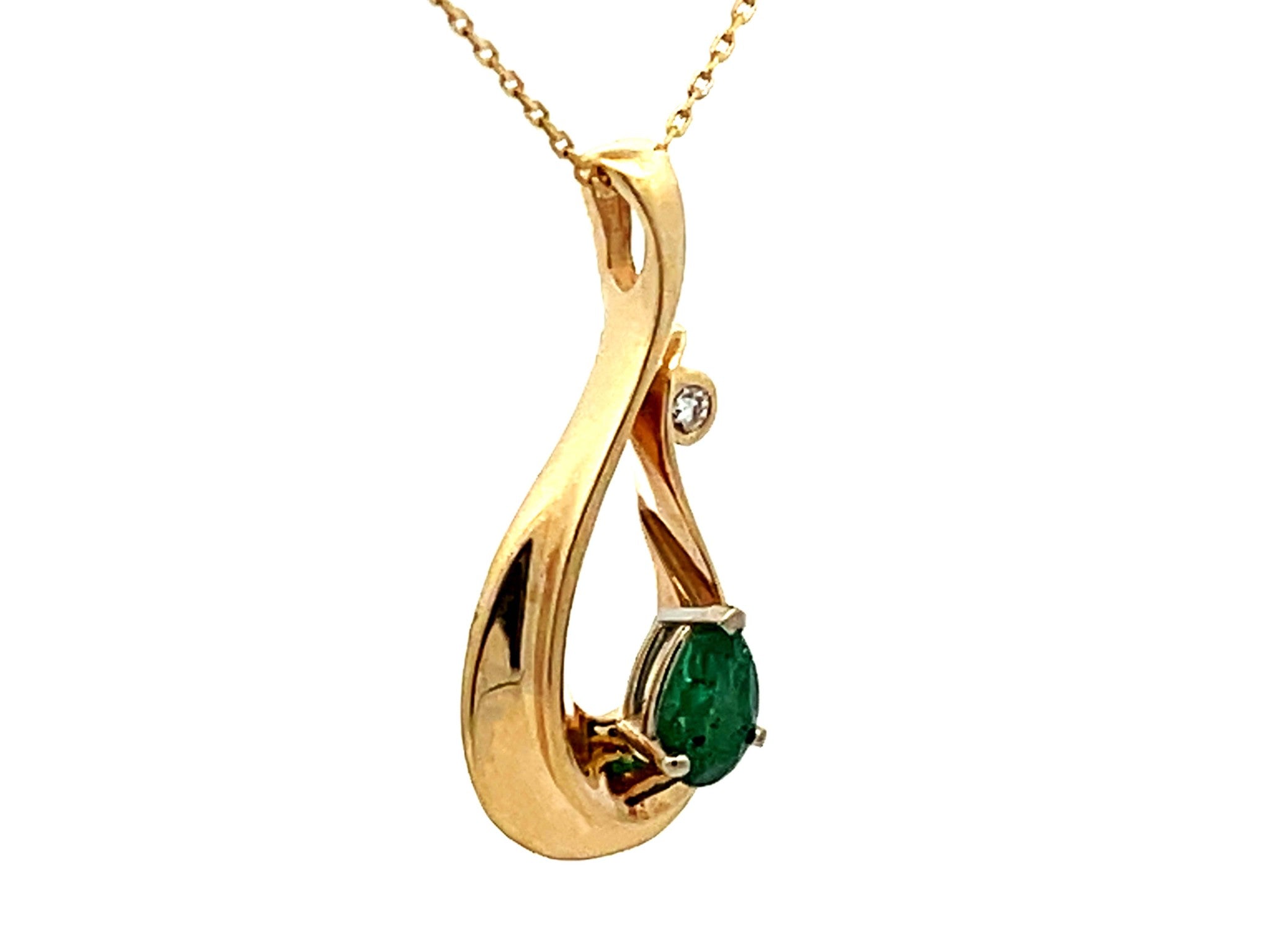 Pear Shaped Emerald and Diamond Necklace 14K Yellow Gold
