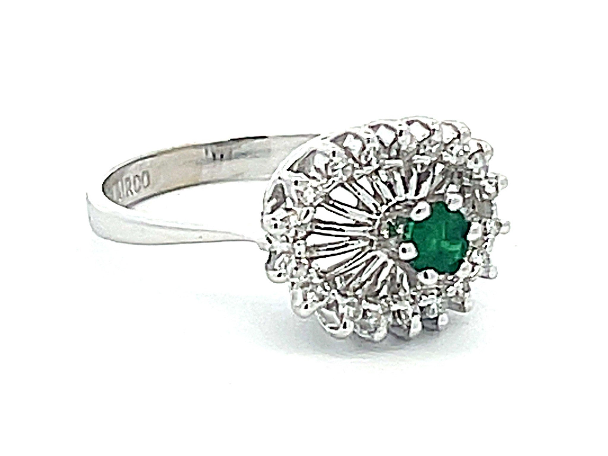 Green Emerald and Diamond Halo Ring in 14k White Gold