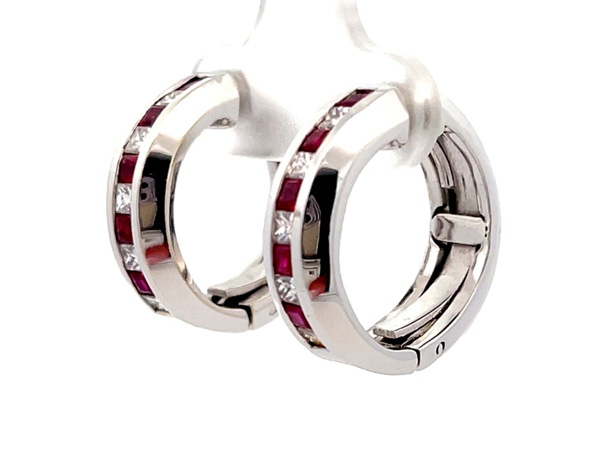 Channel Set Ruby and Diamond Hoop Earrings 18k White Gold
