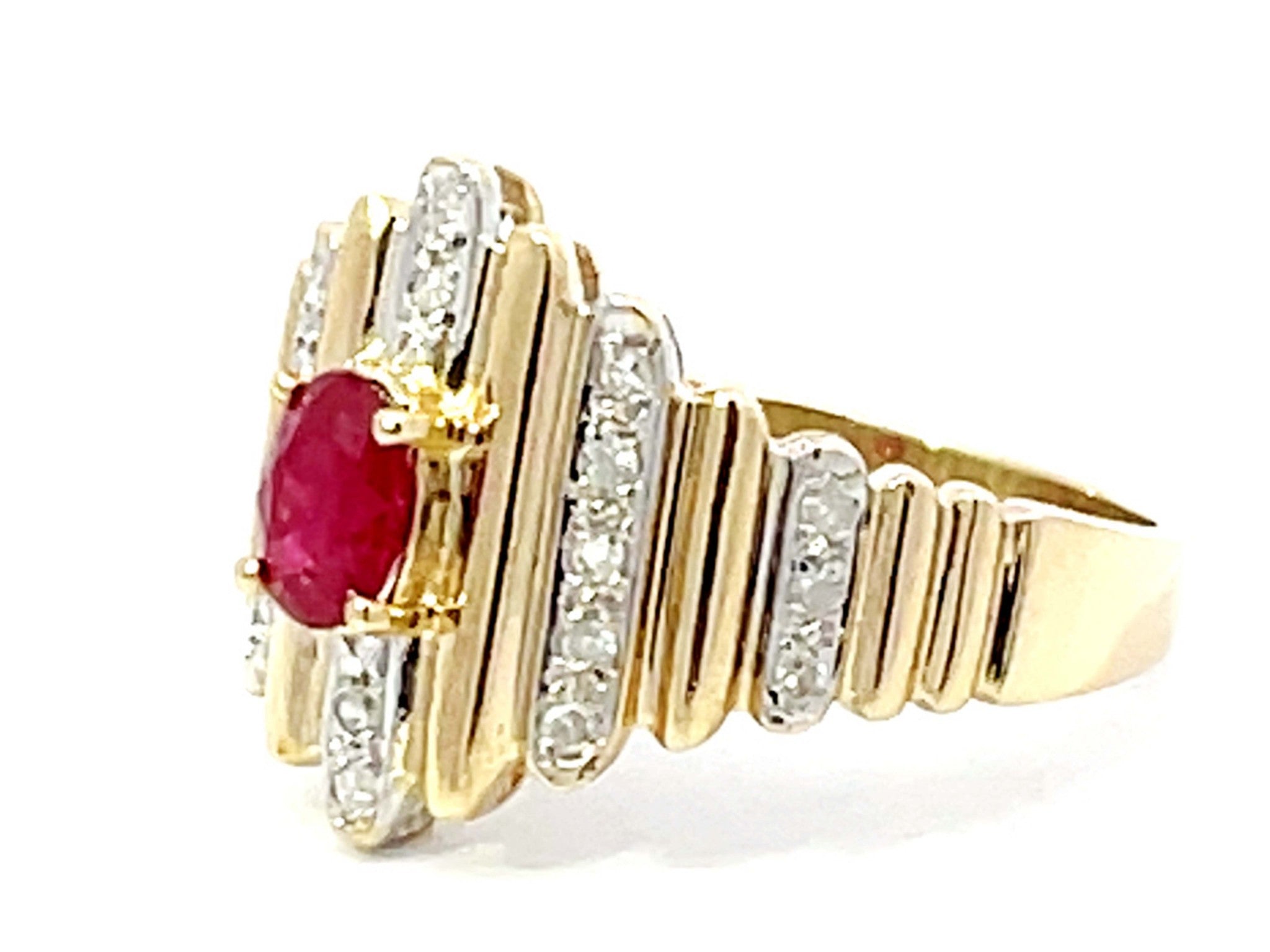 Oval Red Ruby and Diamond Band Ring in 14k Yellow Gold