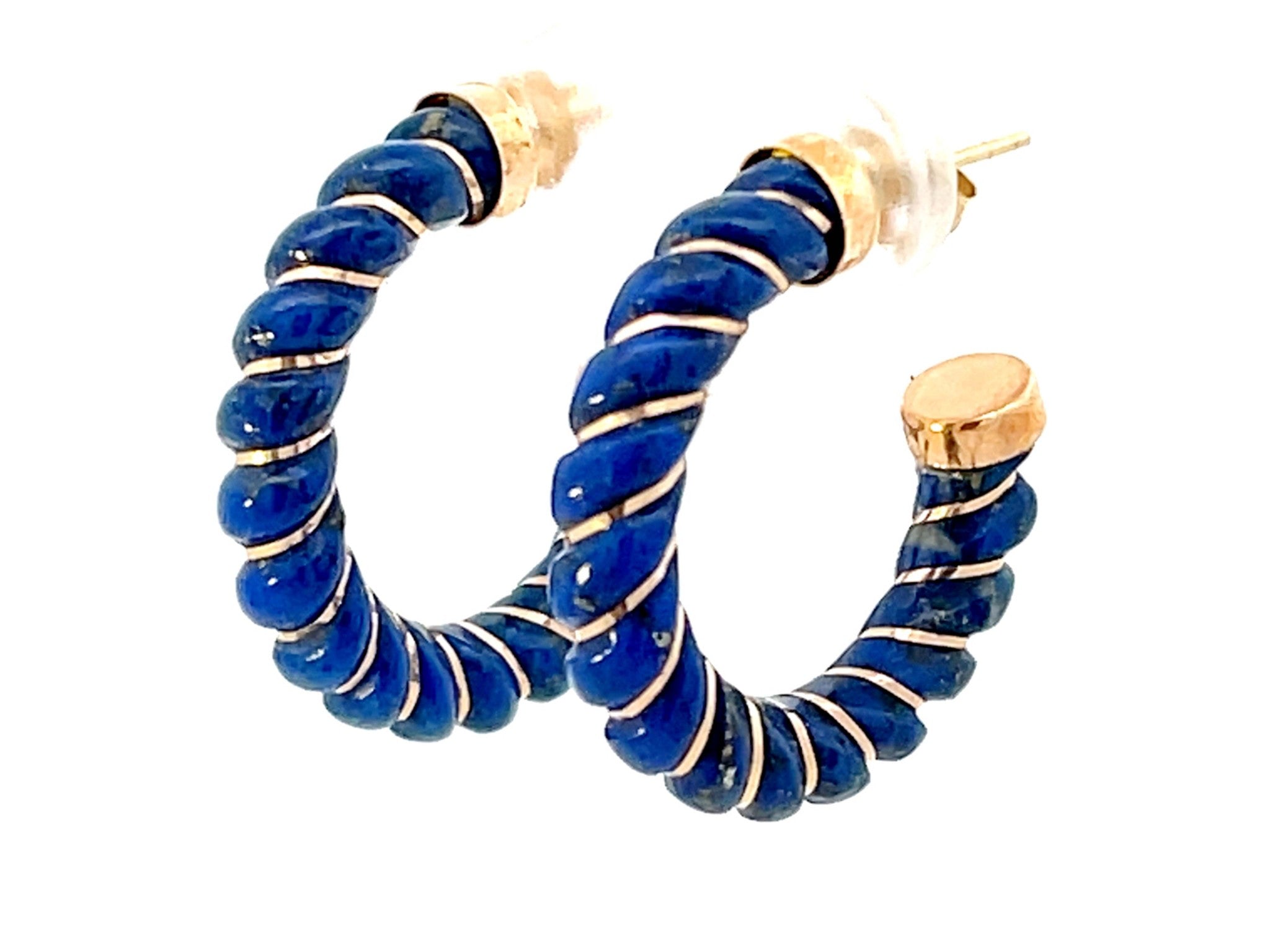 Lapis Lazuli Shrimp Scalloped Gold Hoop Earrings