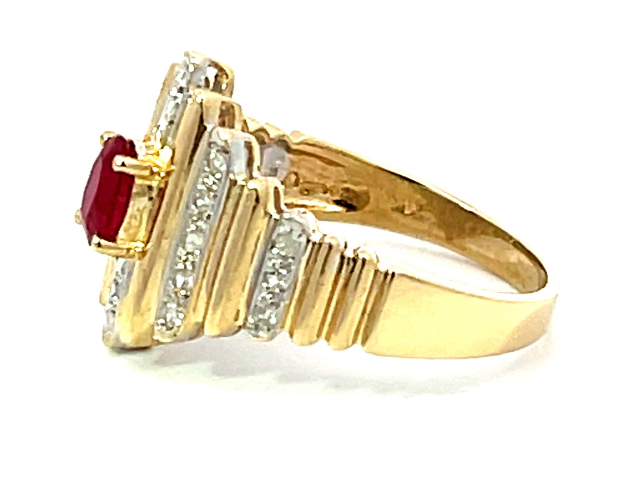Oval Red Ruby and Diamond Band Ring in 14k Yellow Gold