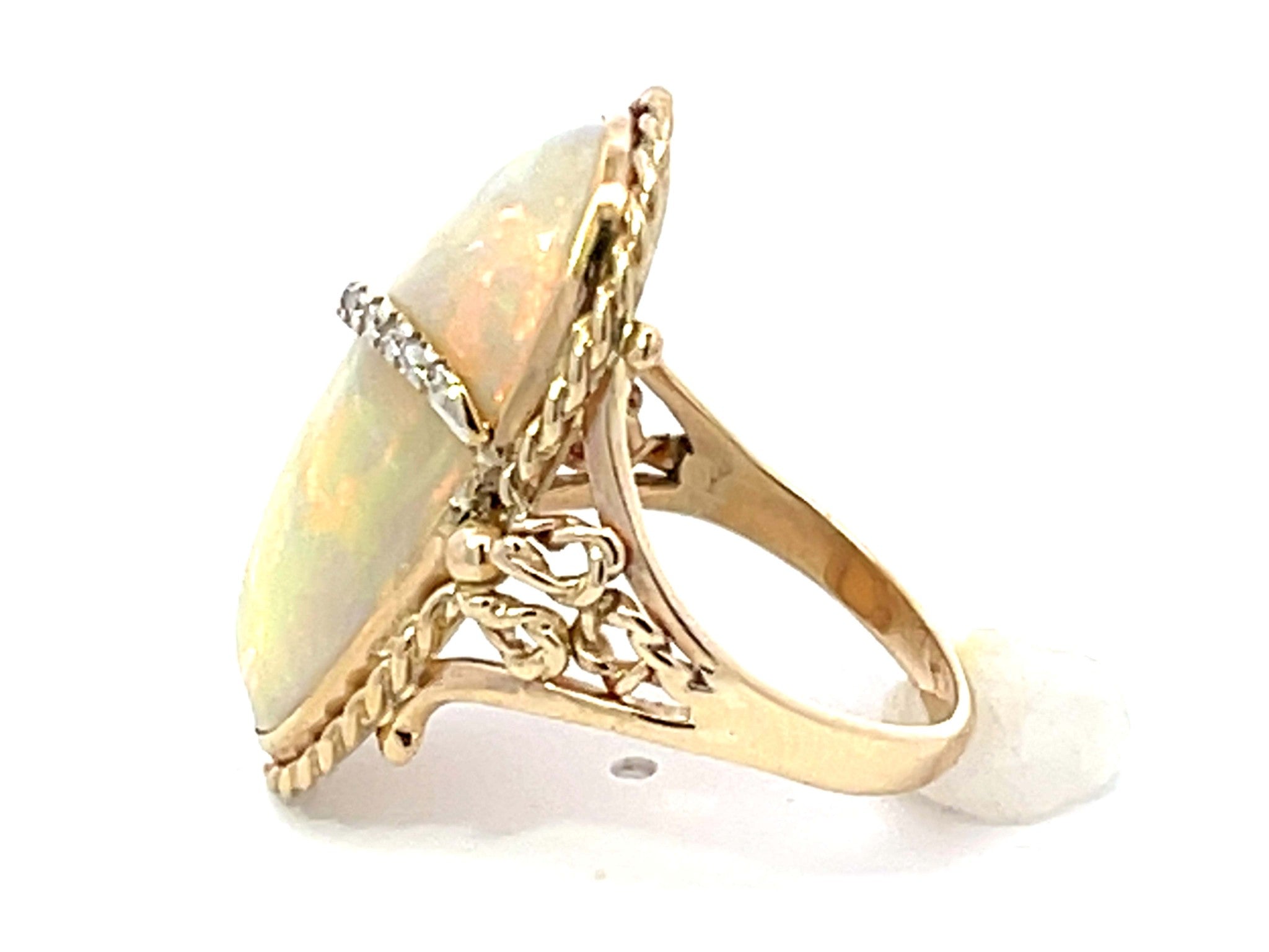 Large Oval Cabochon Opal and Diamond Ring in 14k Yellow Gold
