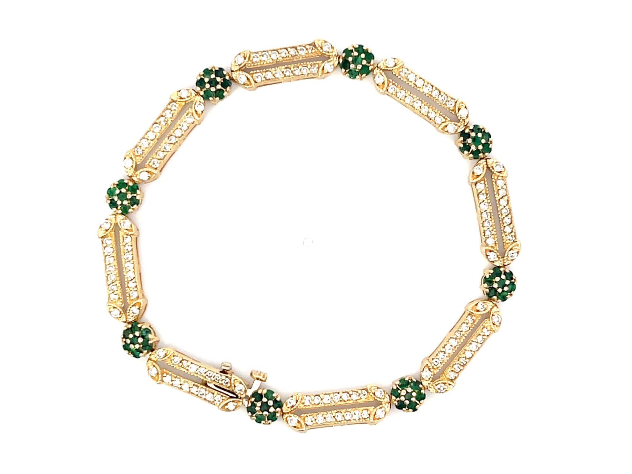 Emerald Flower and Diamond Link Bracelet in 14k Yellow Gold