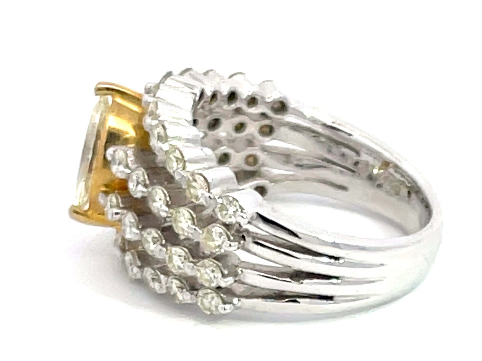 Four Row Diamond Band with Yellow Marquise Diamond Center Ring in 18k White Gold