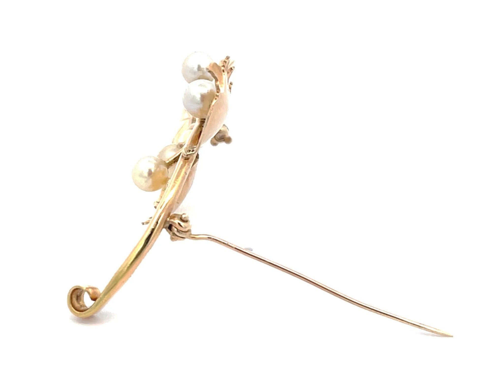 Mings Flower and Leaf Akoya Pearl Brooch in 14k Yellow Gold