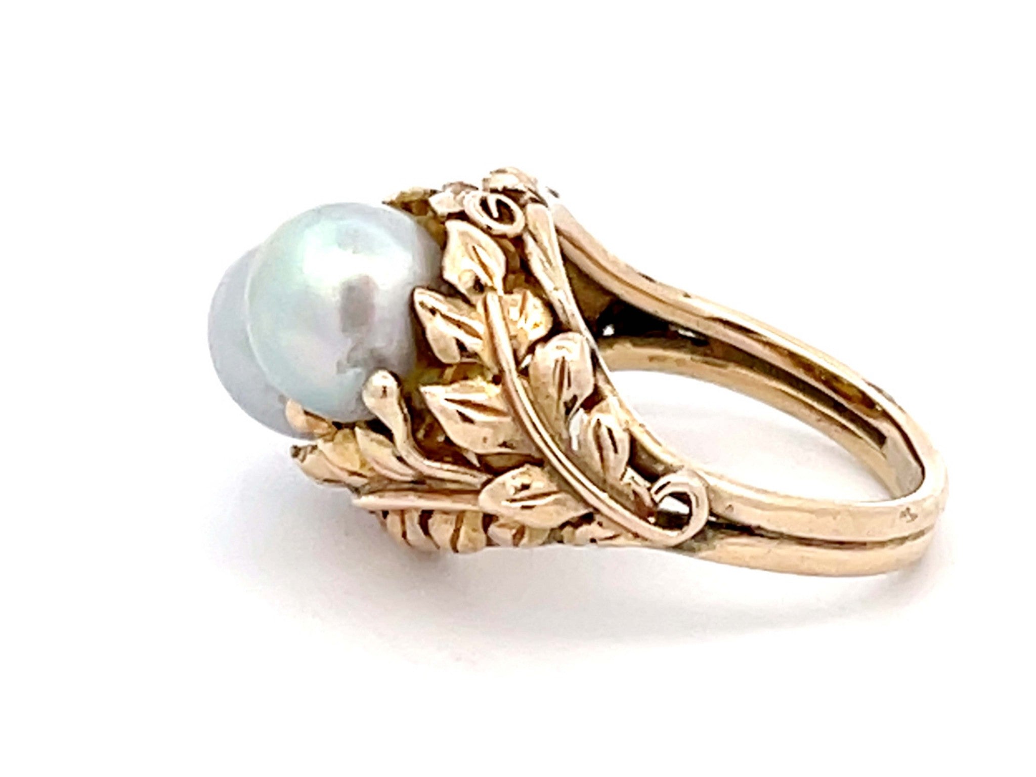 Mings Two Baroque Pearl and Leaf Design Ring in 14k Yellow Gold