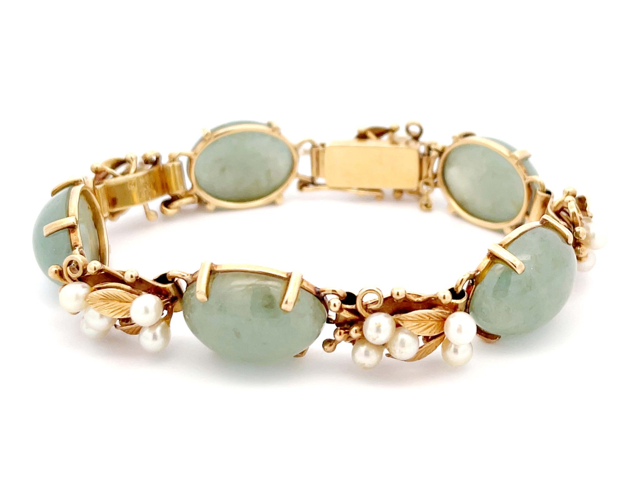 Mings Hawaii Jade and Pearl Leaf Bracelet in 14K Yellow Gold