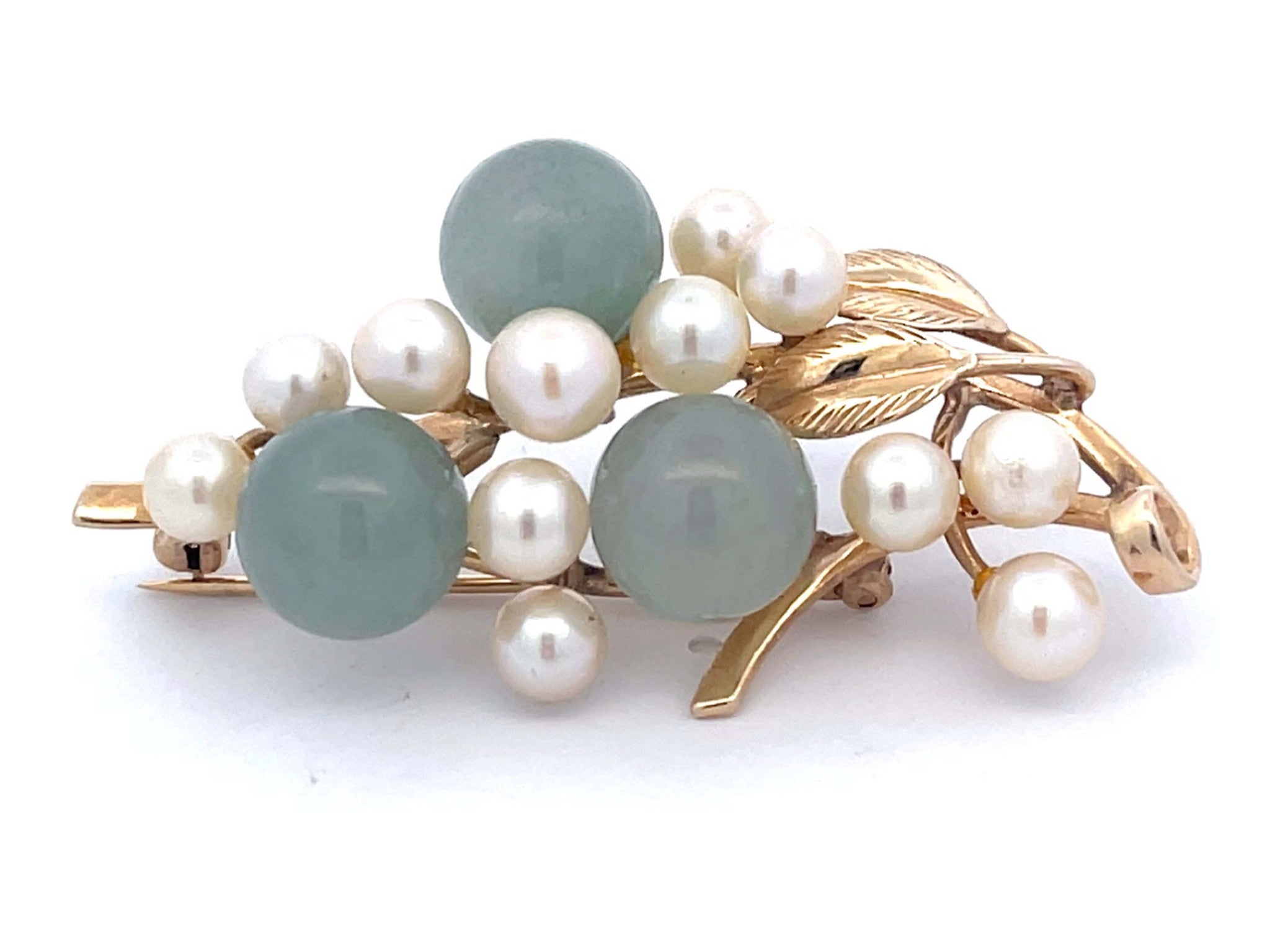 Mings Round Jade Leaf and Pearl Brooch in 14k Yellow Gold