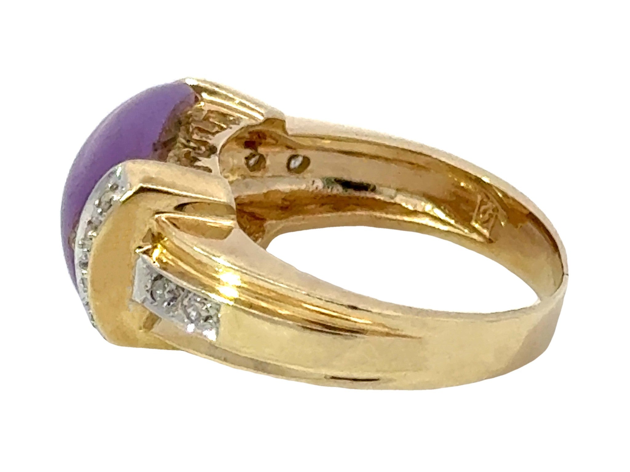 Purple Square Cabochon Jade and Diamond Ring 14k Yellow Gold