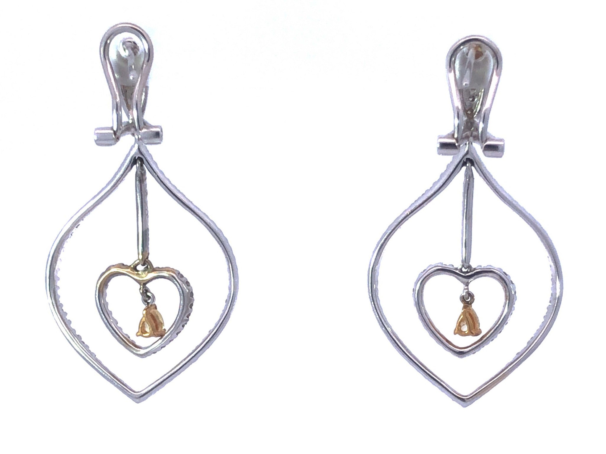 White and Fancy Yellow Dangly Diamond Heart Earrings in 18K White Gold