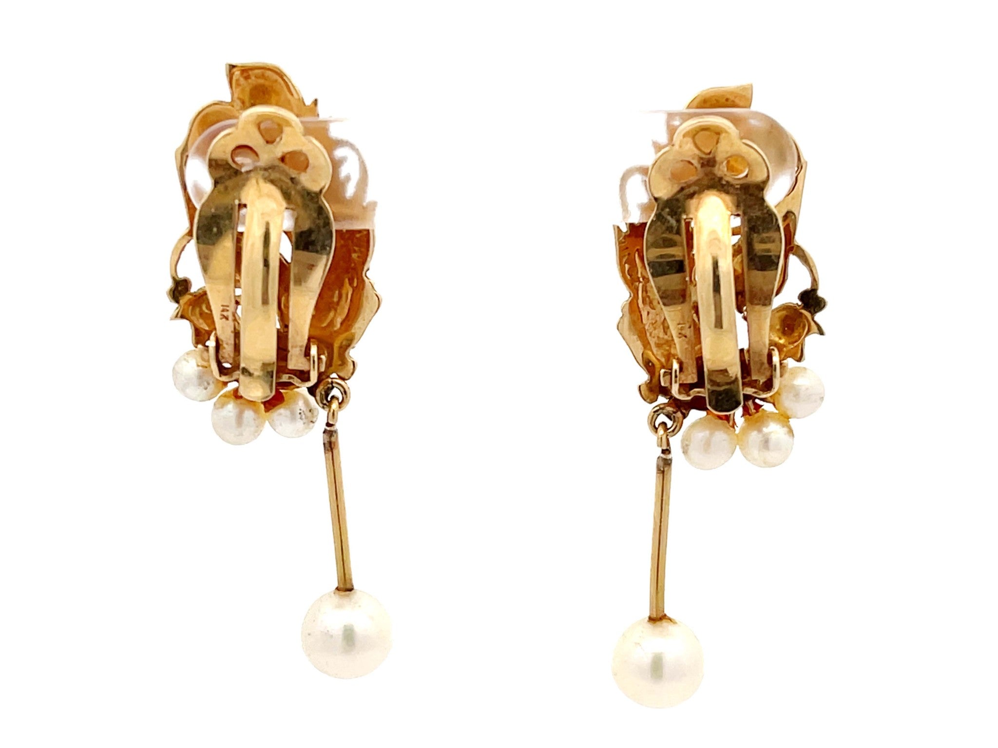 Mings Gold Carved Phoenix Clip On Earrings with Dangly Pearl in 14k
