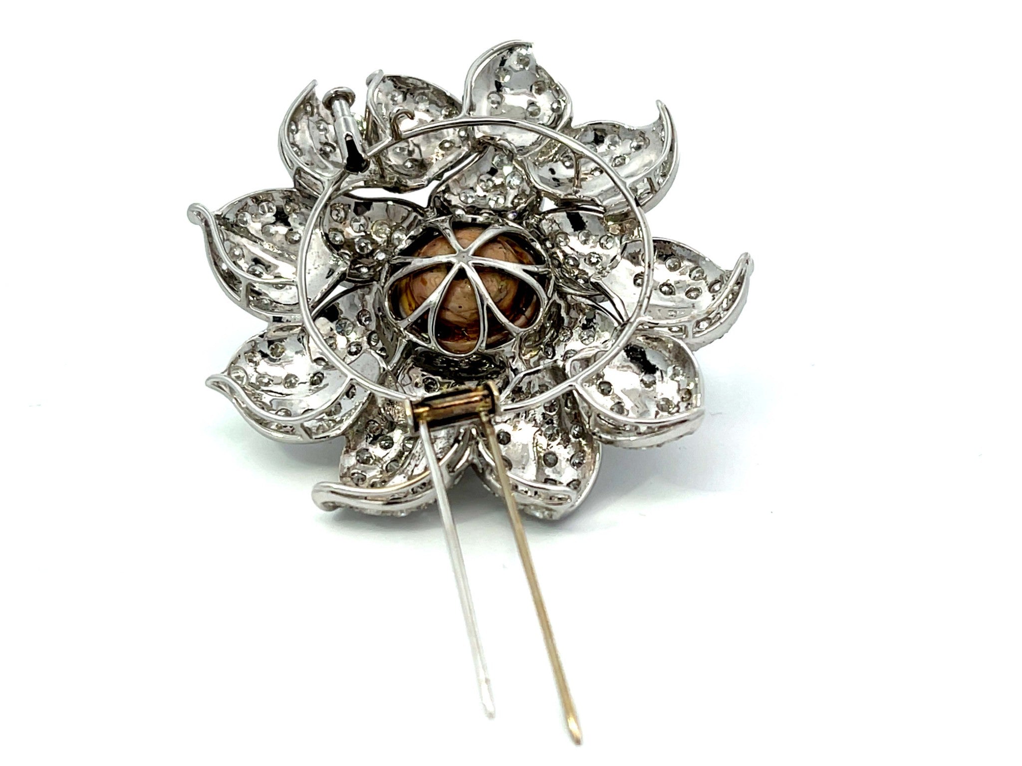 Large Diamond and Tahitian Pearl Flower Brooch in 18k White Gold