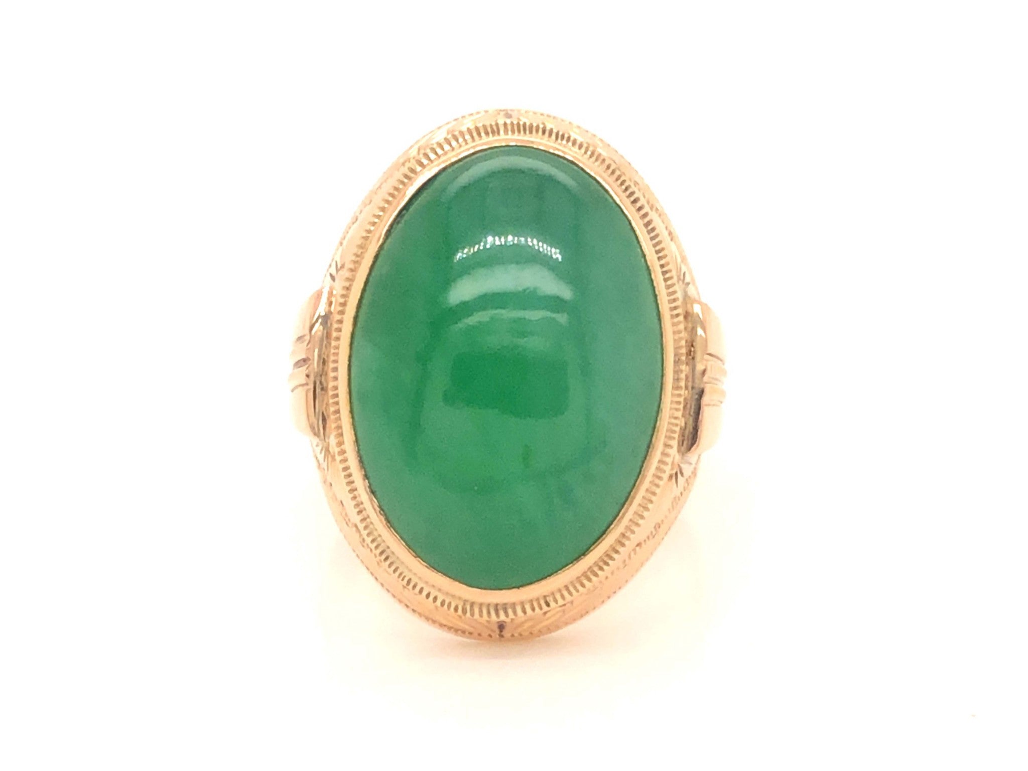 Vintage Men's Oval Cabochon Green Jade Ring - 14k Yellow Gold