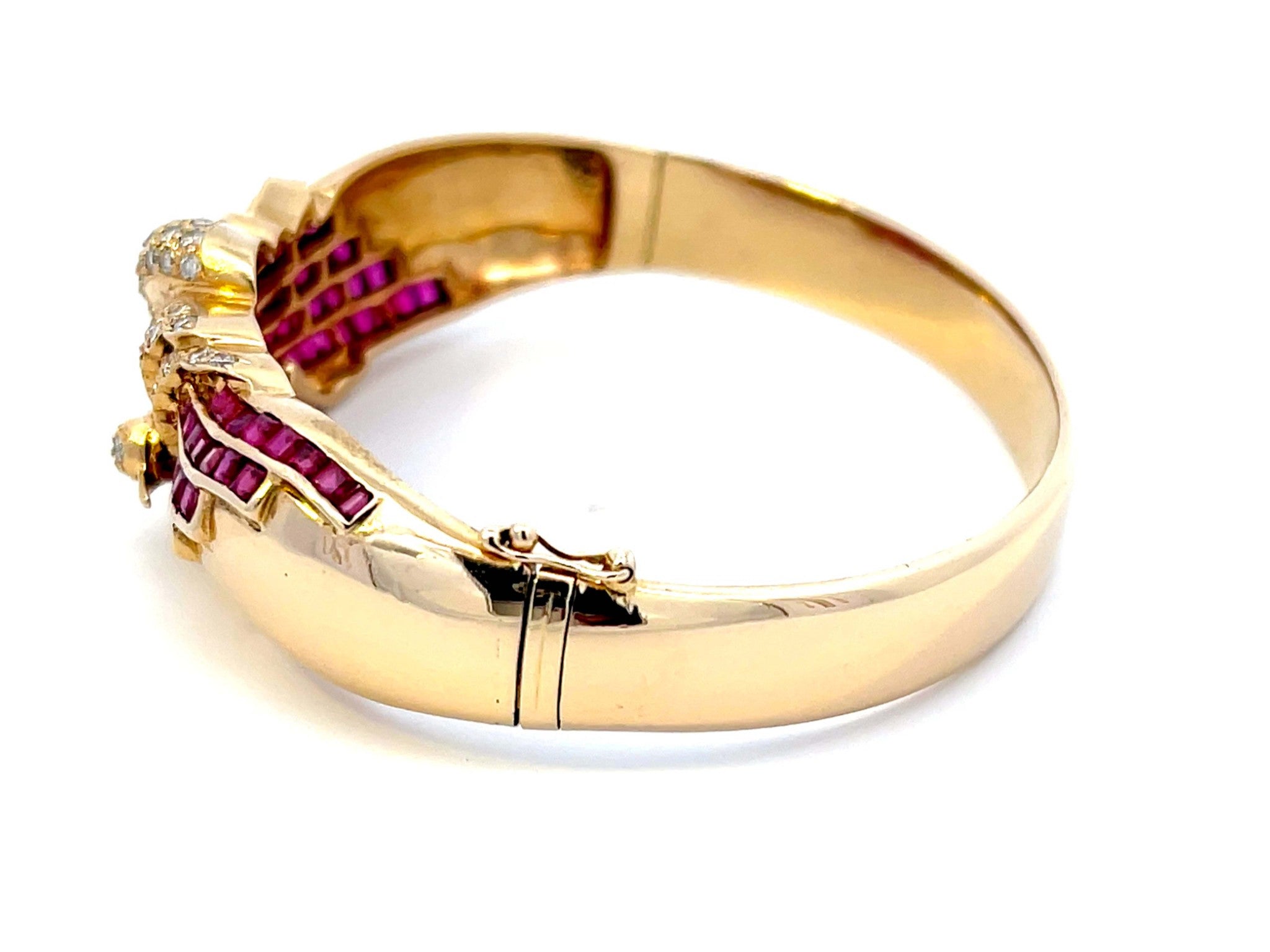 Diamond Swan and Ruby Bangle in 14k Yellow Gold