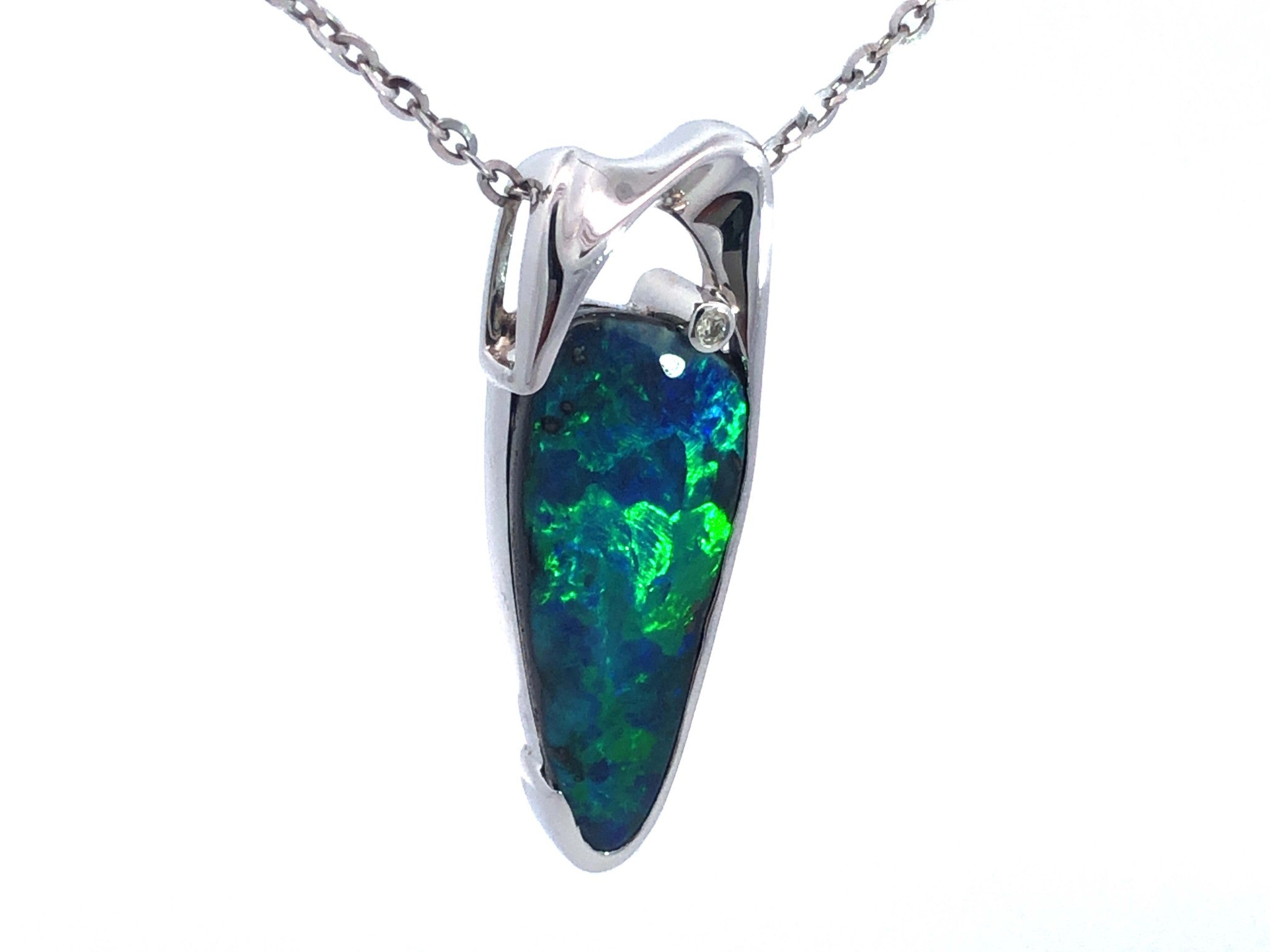 Lightning Ridge Opal and Diamond Necklace in 18k White Gold