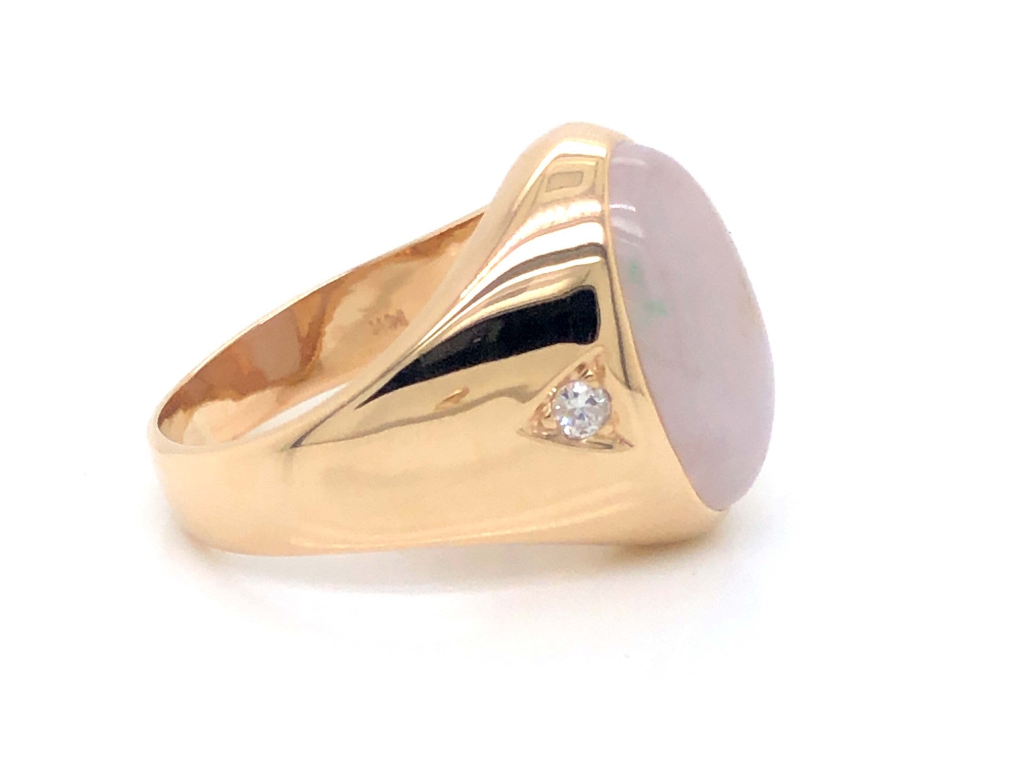 Men's Oval White Jade and Diamond Ring - 14k Yellow Gold