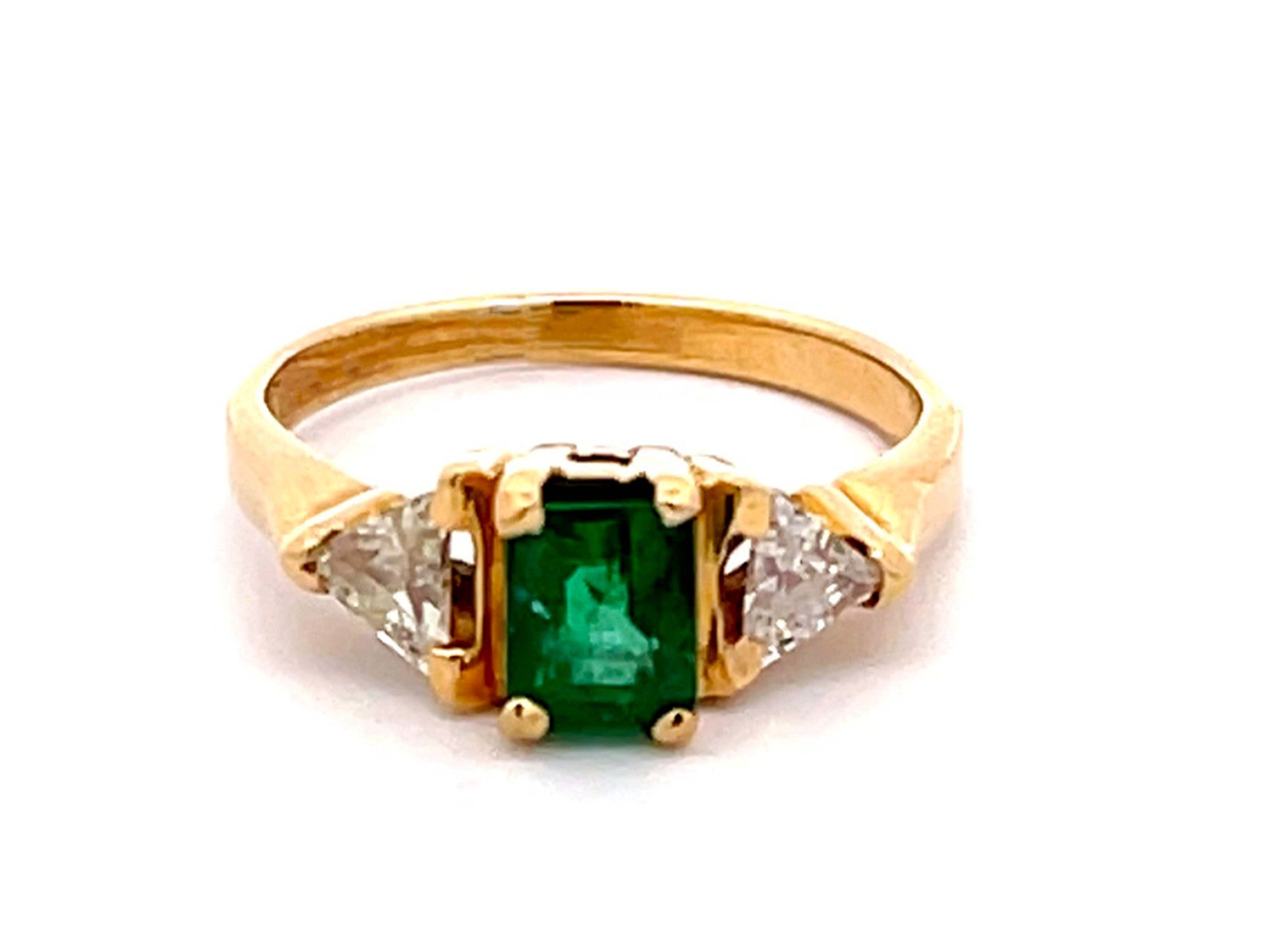 Vintage Green Emerald and Diamond Ring in 14k Yellow Gold