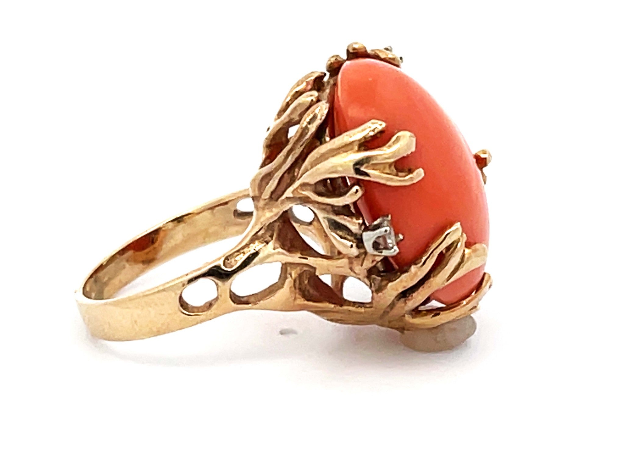 Vintage Mediterranean Coral and Diamond Ring in 14k Yellow Gold