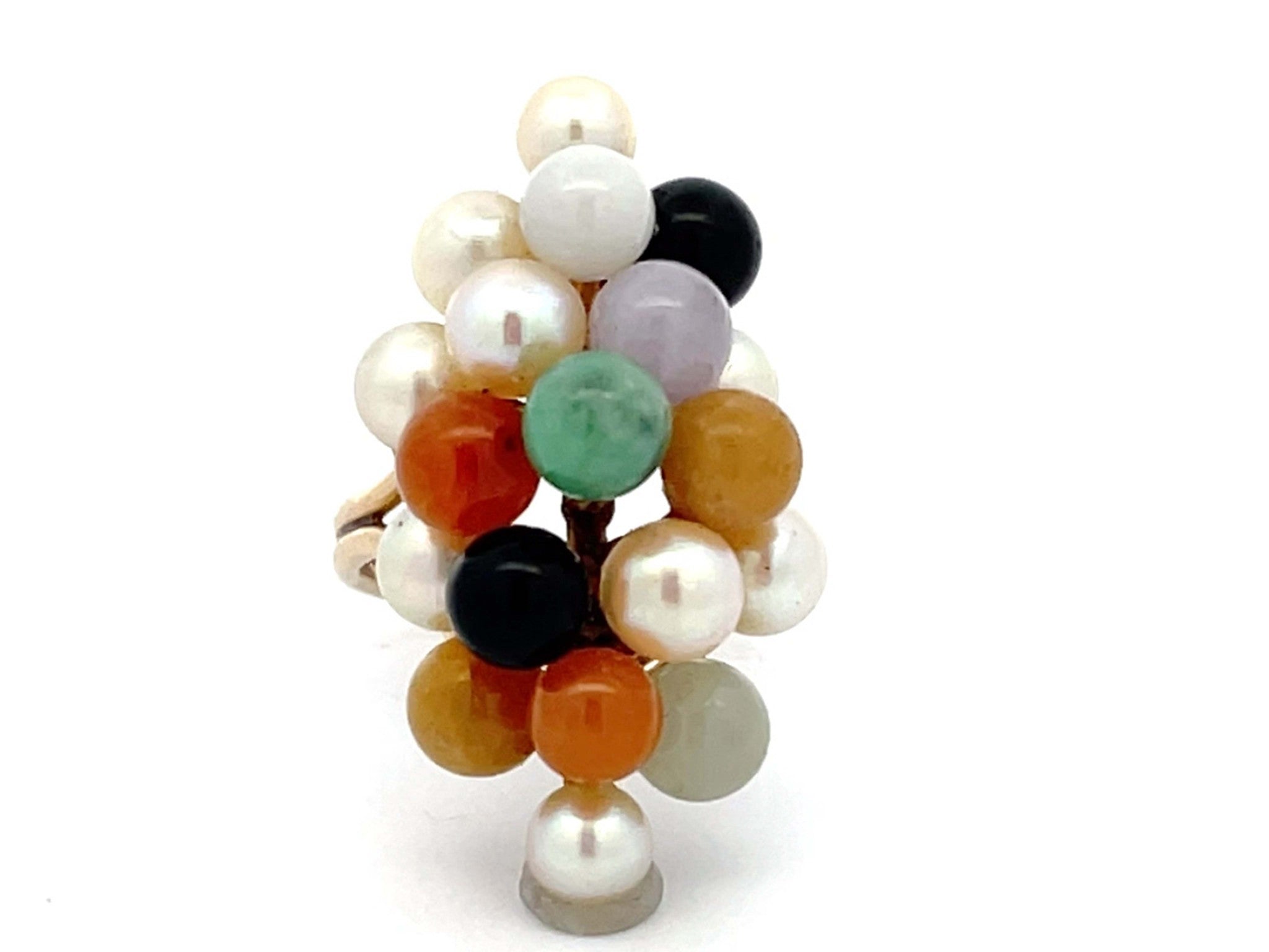 Mings Colorful Jade and Pearl Cluster Ring in 14k Yellow Gold