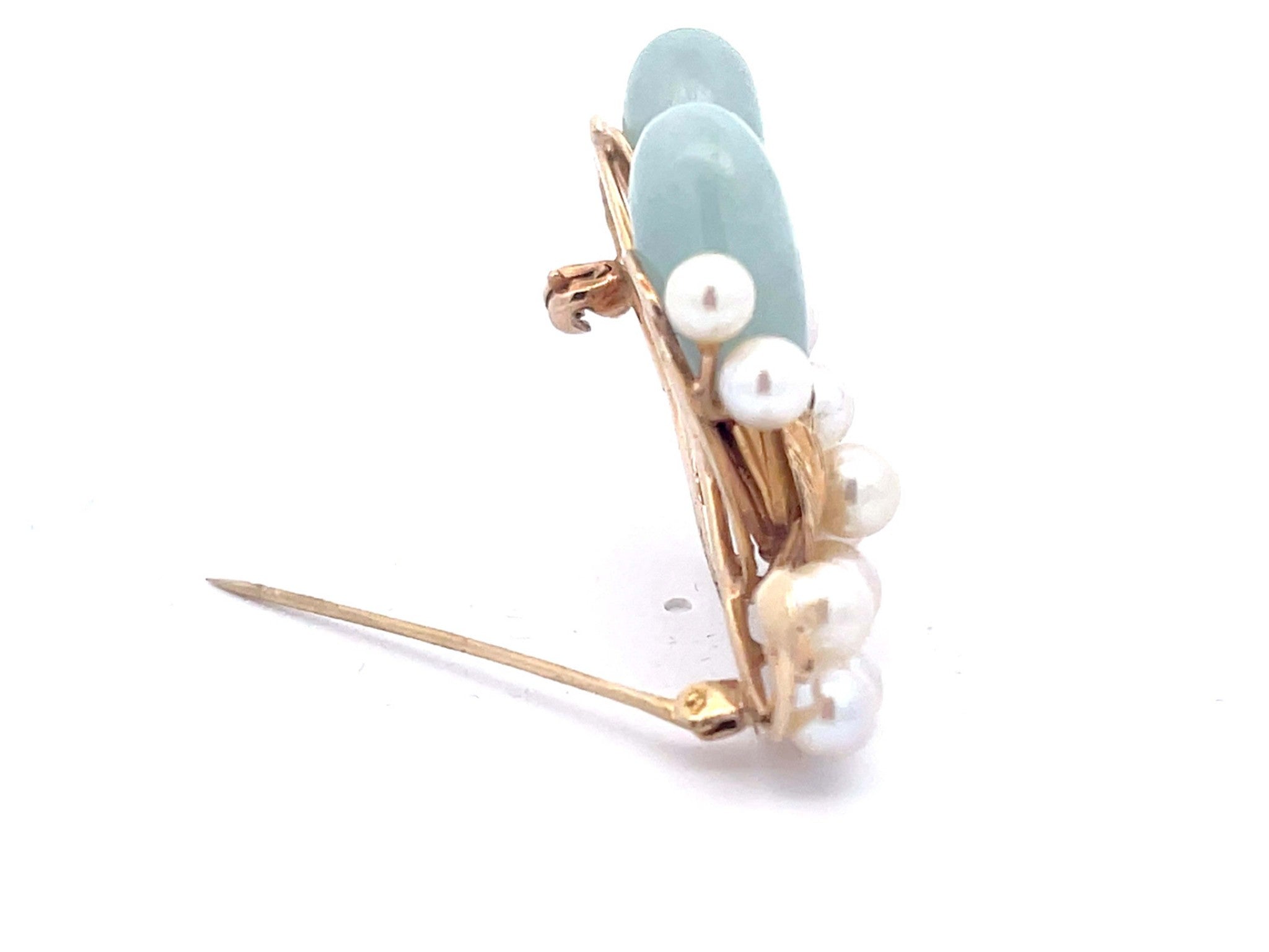 Mings Oval Jade Leaf and Pearl Brooch in 14k Yellow Gold