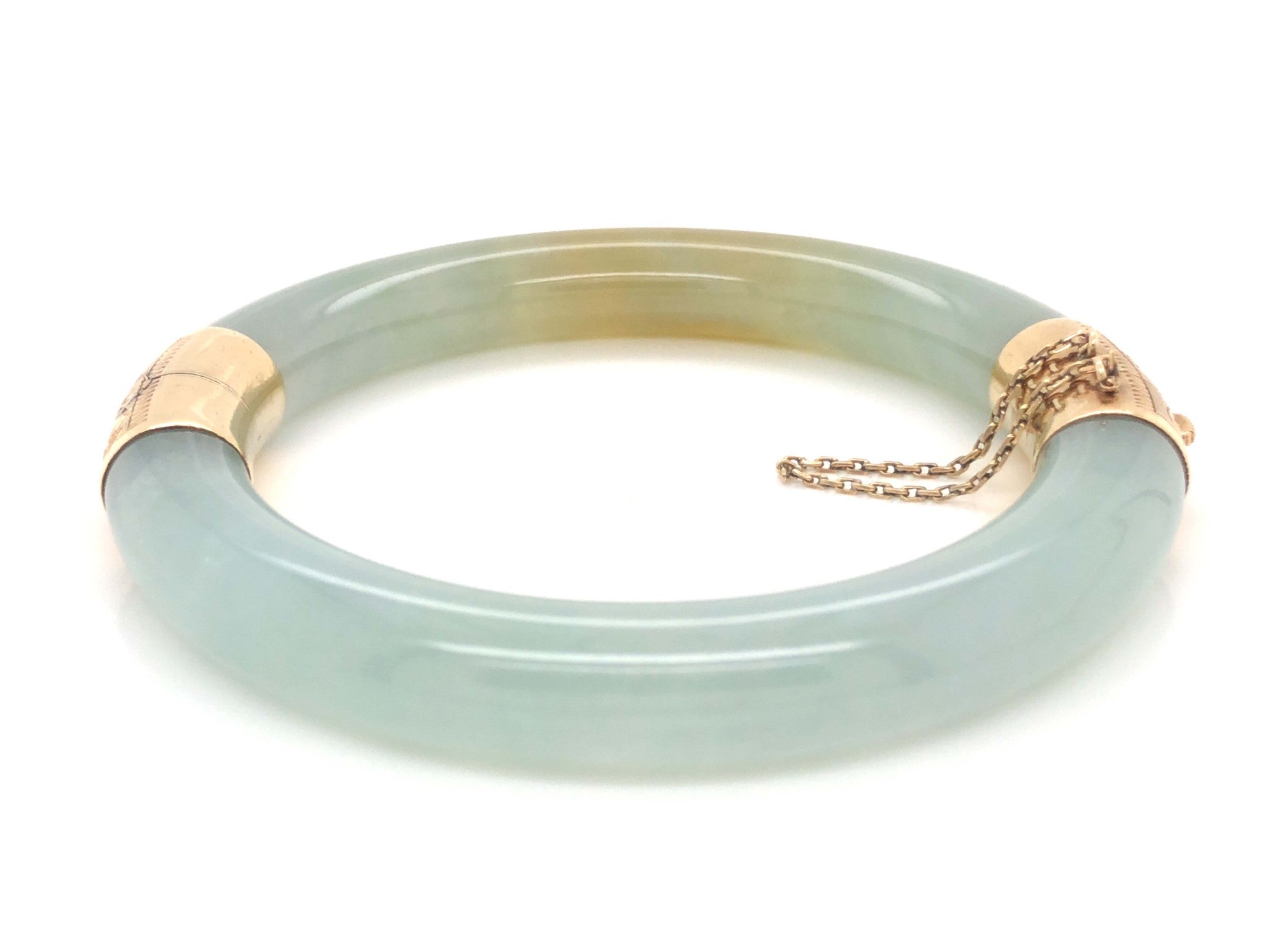 14K Gold Bracelet, Pale Green & Brown Jade Hinged Bangle Bracelet